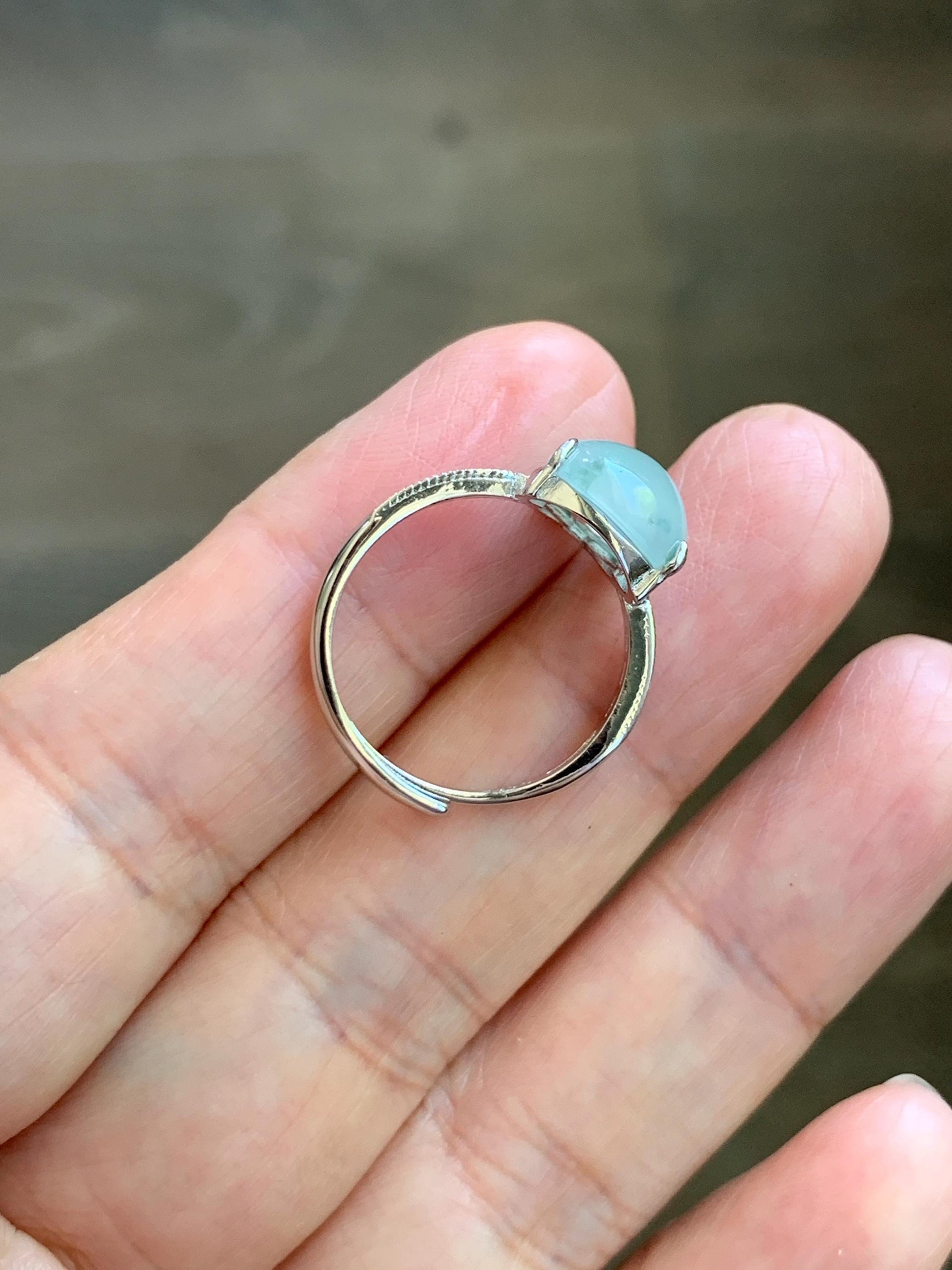 Natural Grade A Icy Highly Translucent White Green Marbled Jade Jadeite Gourd Hulu Ring Sterling Silver Size Adjustable 天然白冰飘绿翡翠葫芦戒指 MBL88P