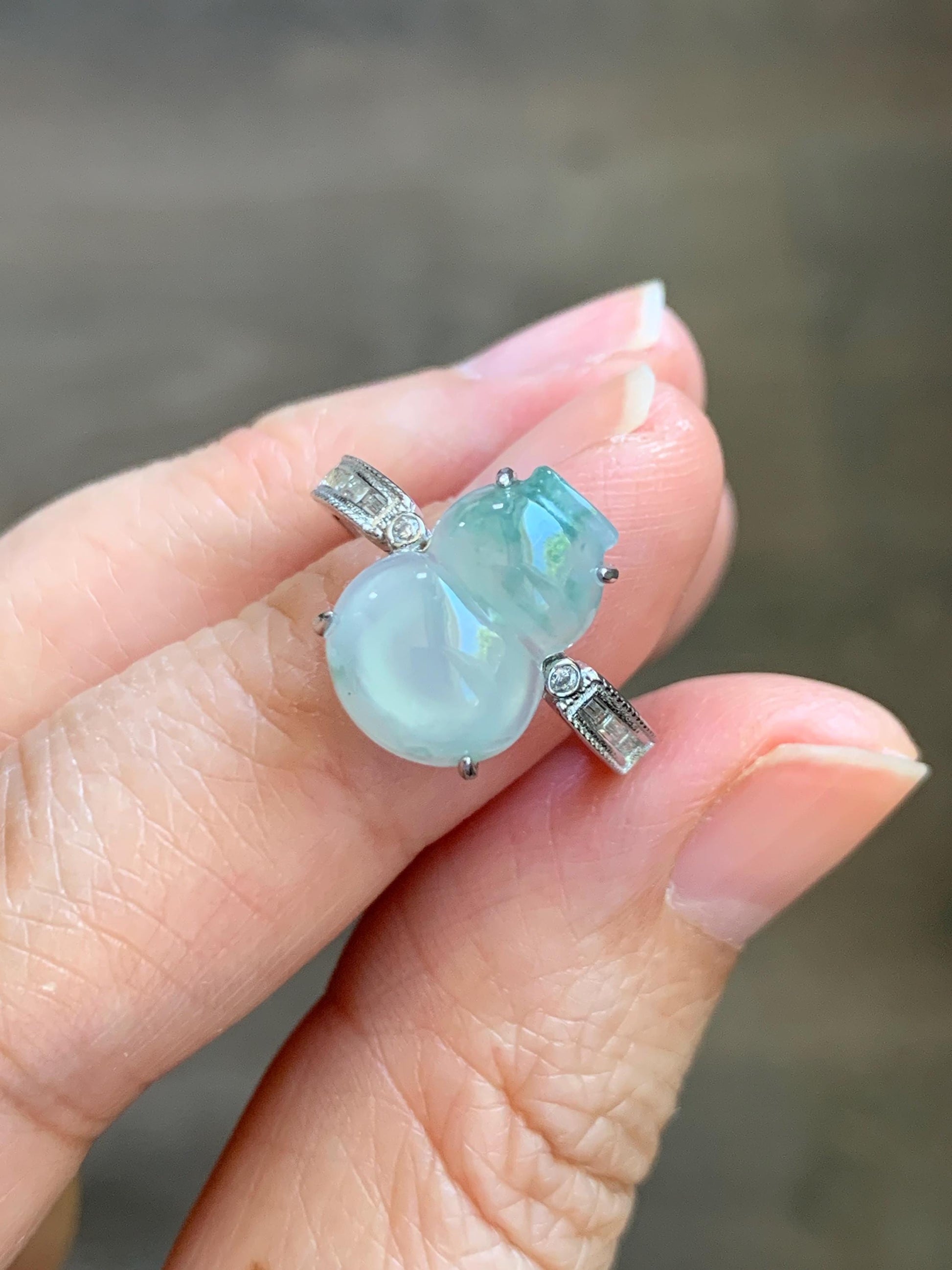 Natural Grade A Icy Highly Translucent White Green Marbled Jade Jadeite Gourd Hulu Ring Sterling Silver Size Adjustable 天然白冰飘绿翡翠葫芦戒指 MBL88P