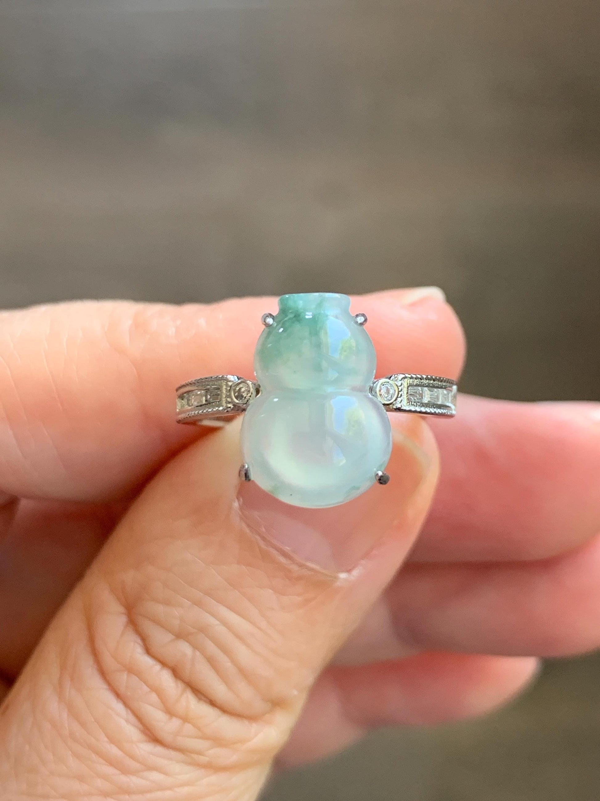 Natural Grade A Icy Highly Translucent White Green Marbled Jade Jadeite Gourd Hulu Ring Sterling Silver Size Adjustable 天然白冰飘绿翡翠葫芦戒指 MBL88P