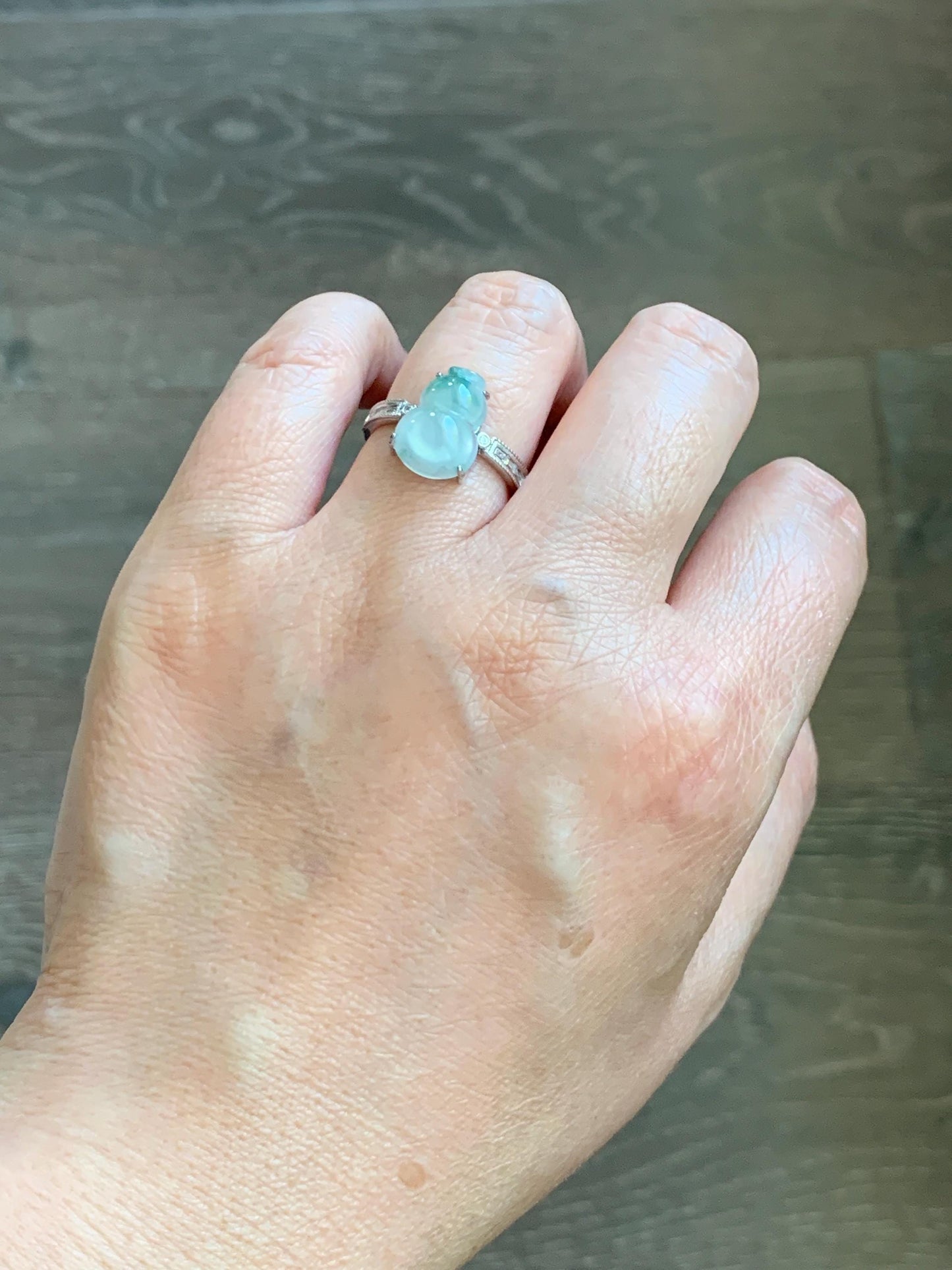 Natural Grade A Icy Highly Translucent White Green Marbled Jade Jadeite Gourd Hulu Ring Sterling Silver Size Adjustable 天然白冰飘绿翡翠葫芦戒指 MBL88P
