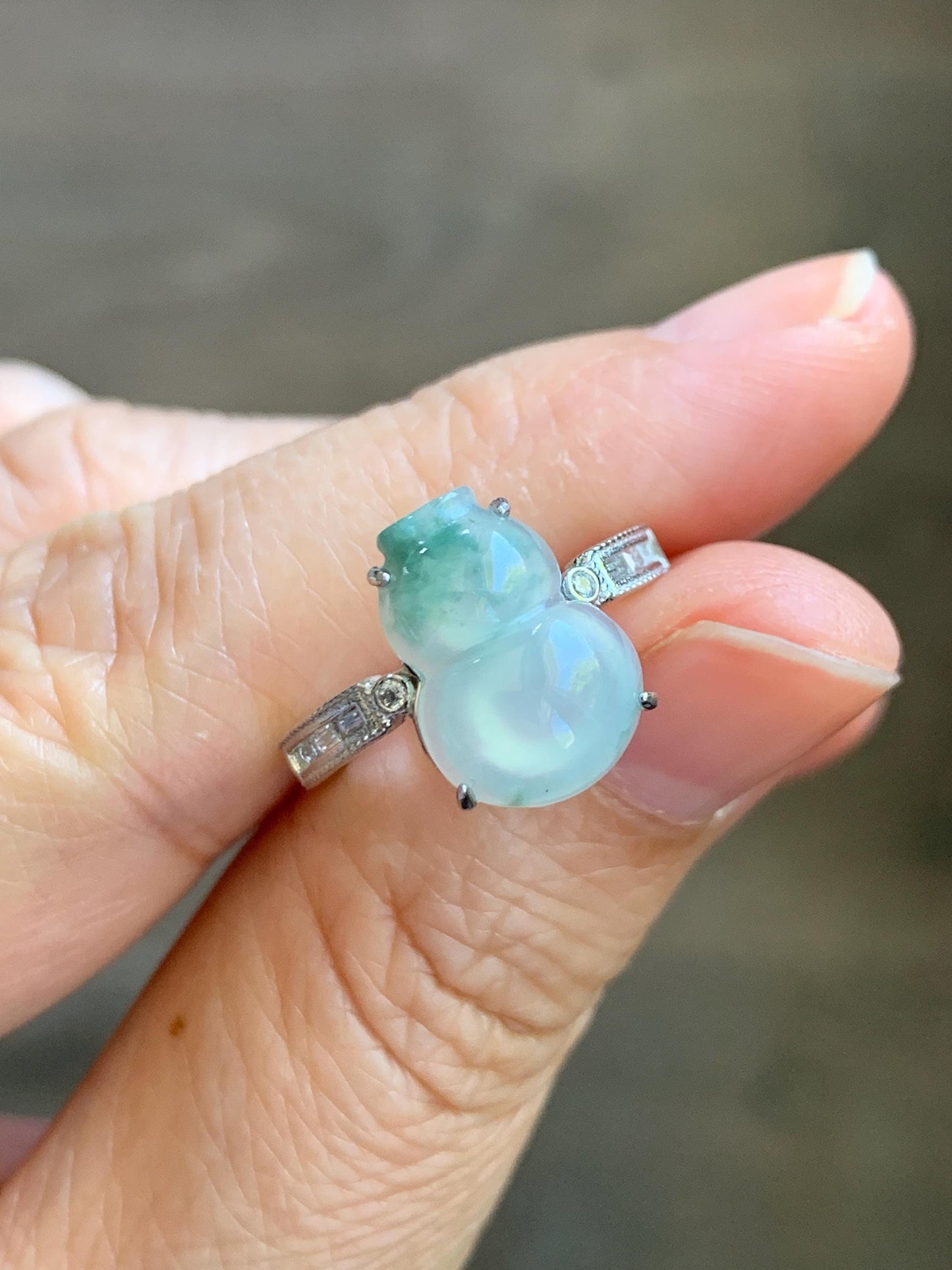 Natural Grade A Icy Highly Translucent White Green Marbled Jade Jadeite Gourd Hulu Ring Sterling Silver Size Adjustable 天然白冰飘绿翡翠葫芦戒指 MBL88P