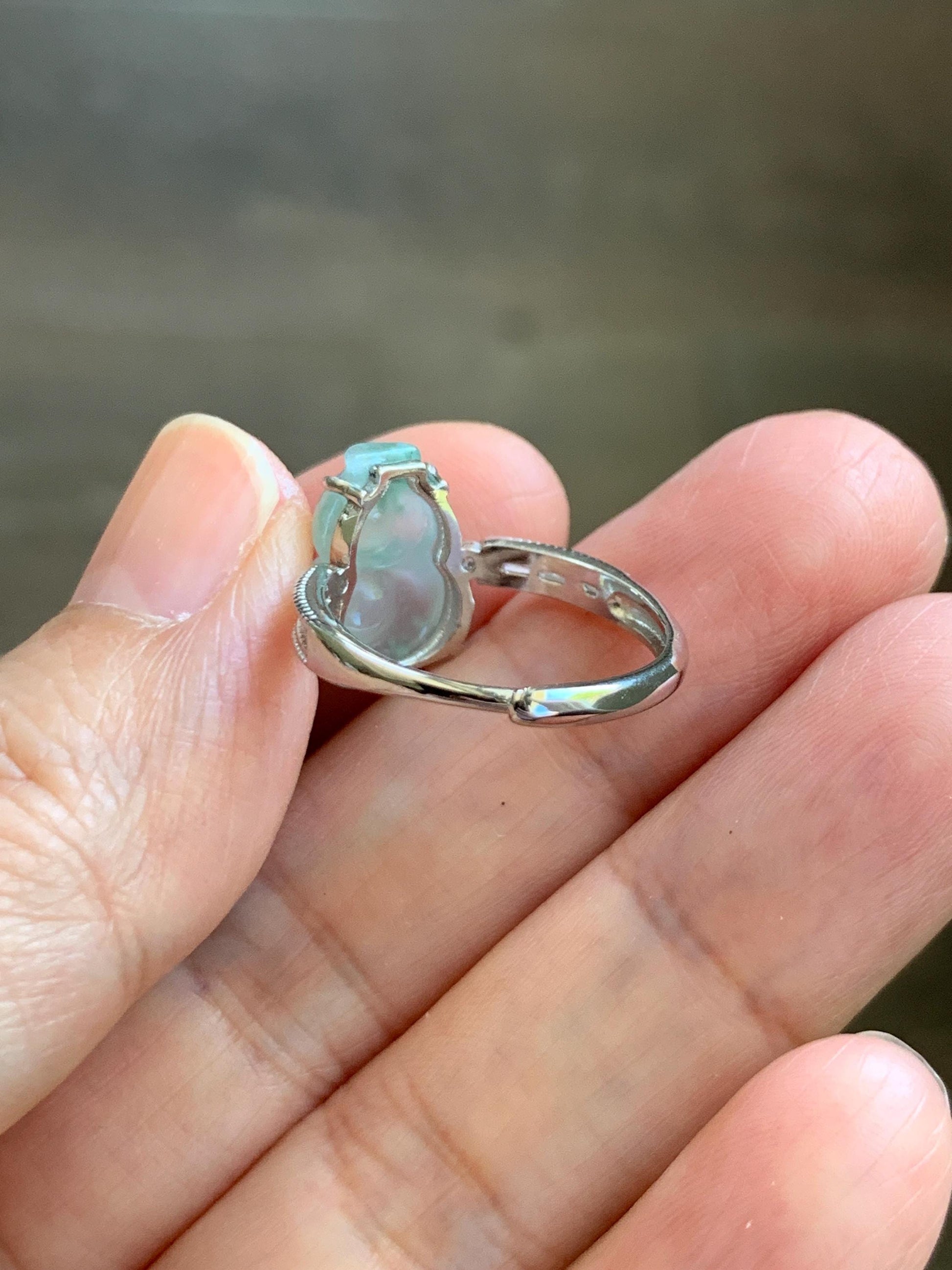 Natural Grade A Icy Highly Translucent White Green Marbled Jade Jadeite Gourd Hulu Ring Sterling Silver Size Adjustable 天然白冰飘绿翡翠葫芦戒指 MBL88P