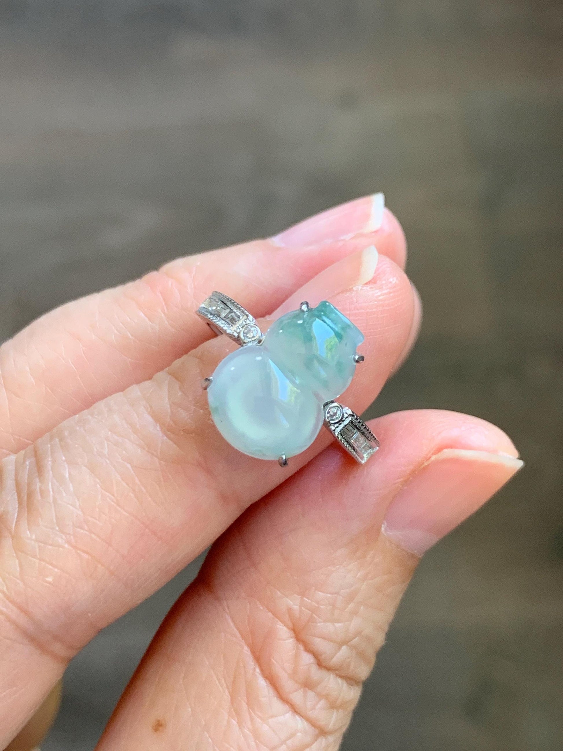 Natural Grade A Icy Highly Translucent White Green Marbled Jade Jadeite Gourd Hulu Ring Sterling Silver Size Adjustable 天然白冰飘绿翡翠葫芦戒指 MBL88P