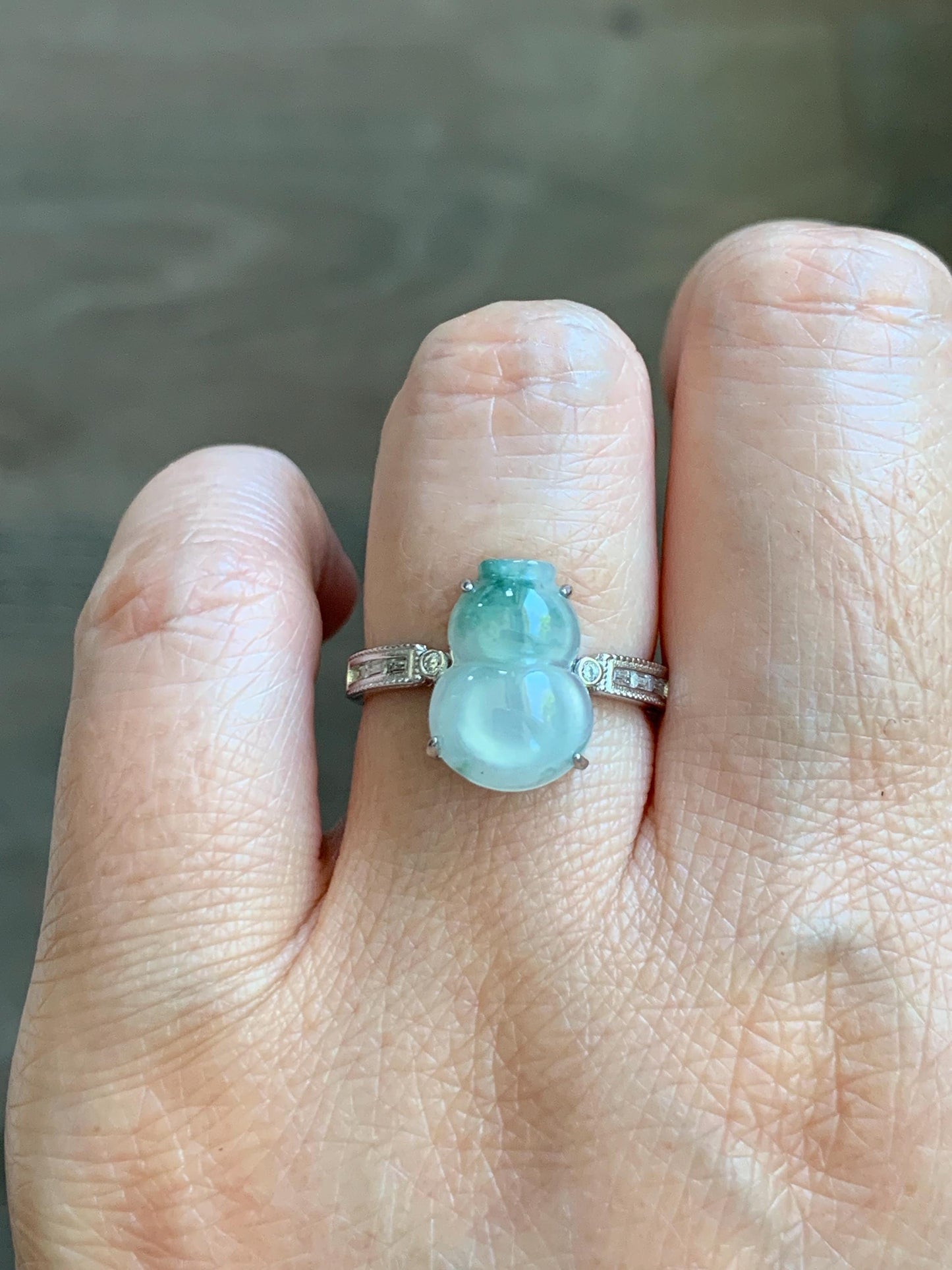 Natural Grade A Icy Highly Translucent White Green Marbled Jade Jadeite Gourd Hulu Ring Sterling Silver Size Adjustable 天然白冰飘绿翡翠葫芦戒指 MBL88P