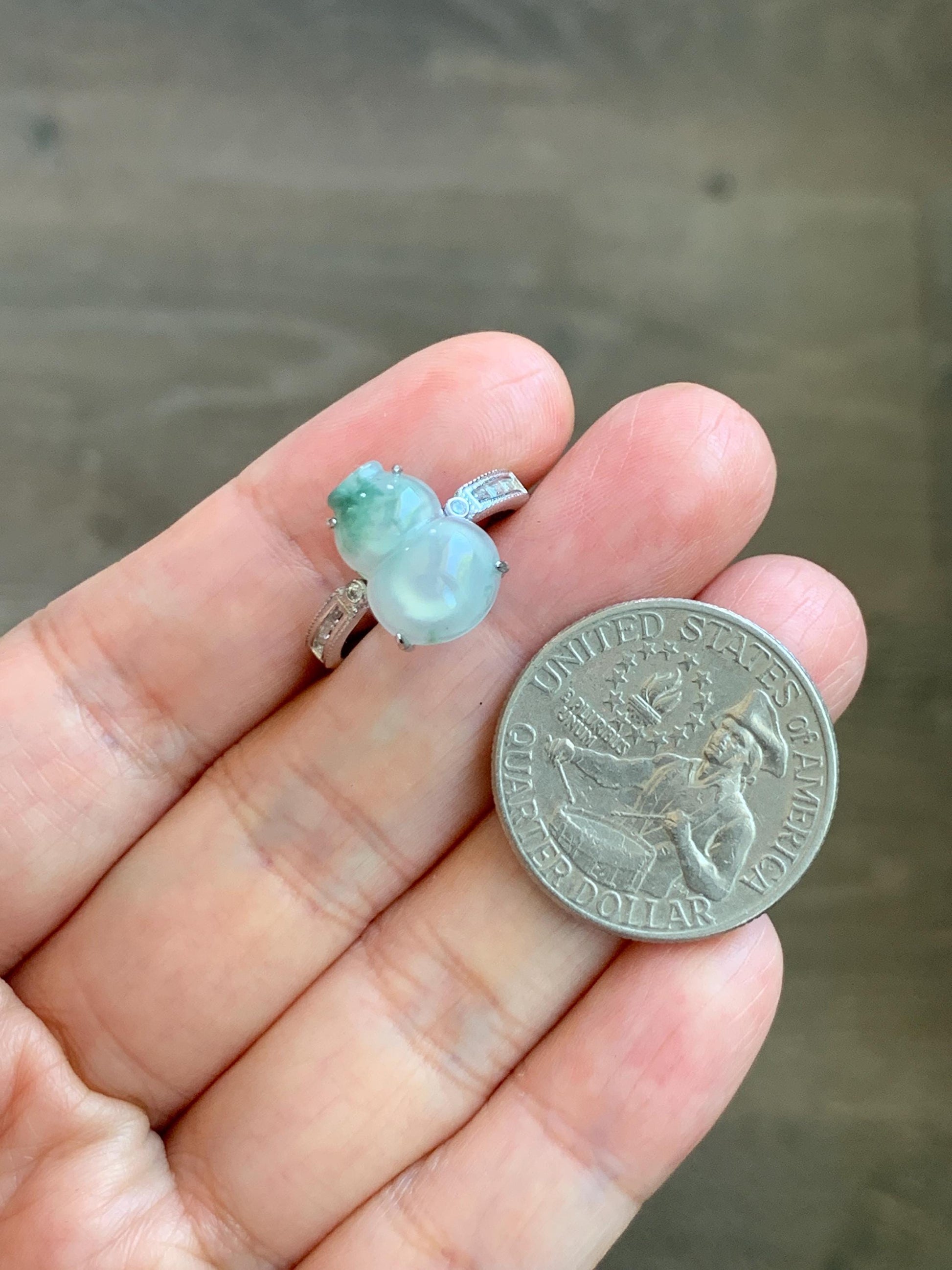 Natural Grade A Icy Highly Translucent White Green Marbled Jade Jadeite Gourd Hulu Ring Sterling Silver Size Adjustable 天然白冰飘绿翡翠葫芦戒指 MBL88P