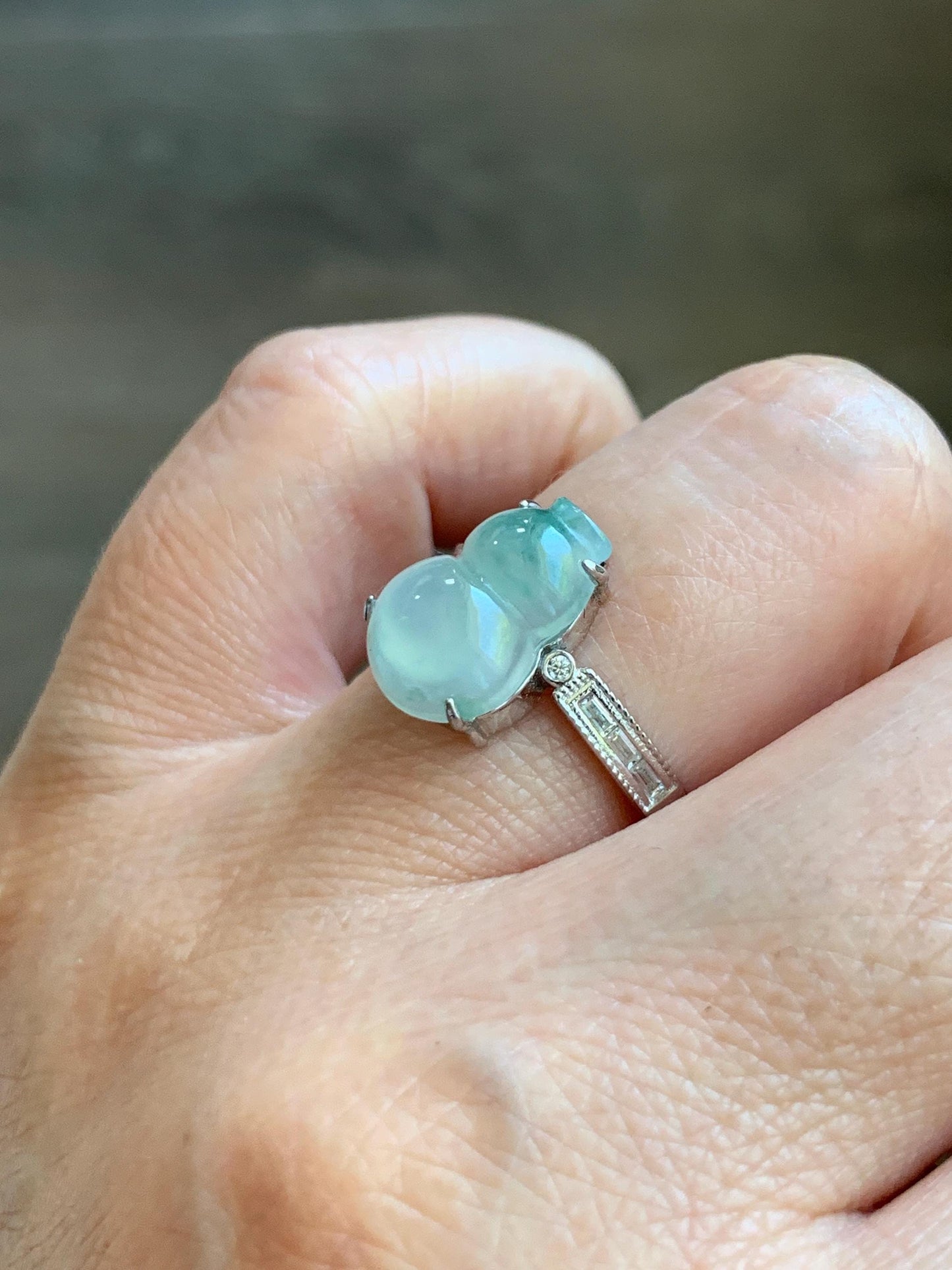 Natural Grade A Icy Highly Translucent White Green Marbled Jade Jadeite Gourd Hulu Ring Sterling Silver Size Adjustable 天然白冰飘绿翡翠葫芦戒指 MBL88P
