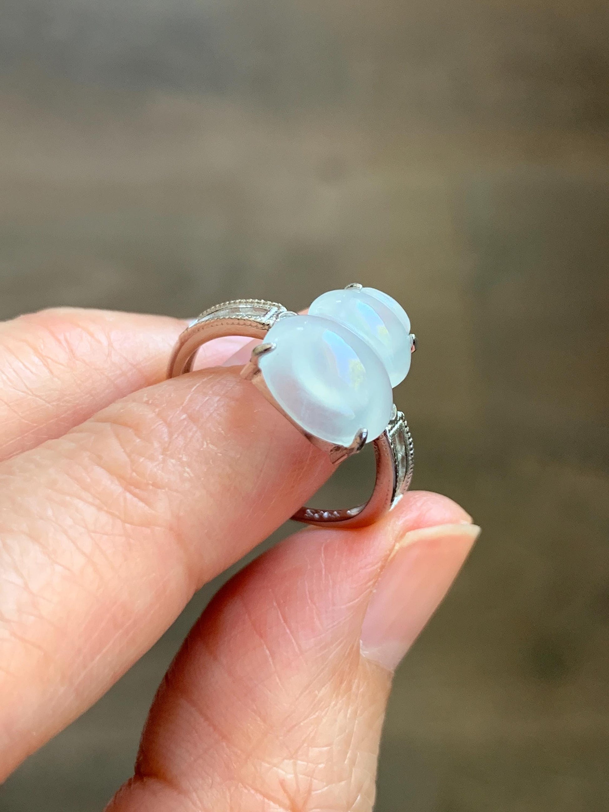 Natural Grade A Icy Highly Translucent White Jade Jadeite Gourd Hulu Ring Sterling Silver Size 7 Adjustable 天然白冰翡翠葫芦戒指 MBL88B