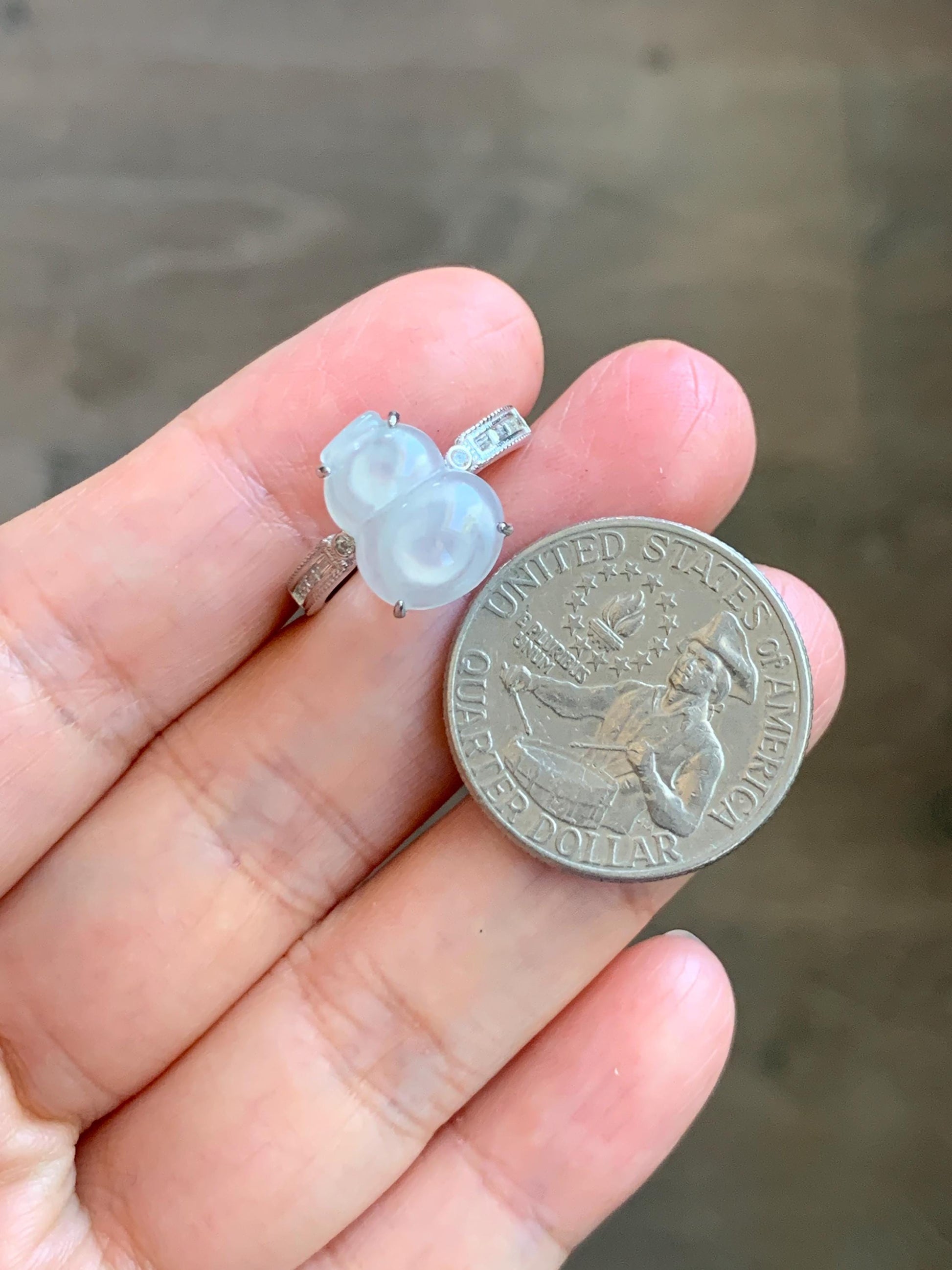 Natural Grade A Icy Highly Translucent White Jade Jadeite Gourd Hulu Ring Sterling Silver Size 7 Adjustable 天然白冰翡翠葫芦戒指 MBL88B