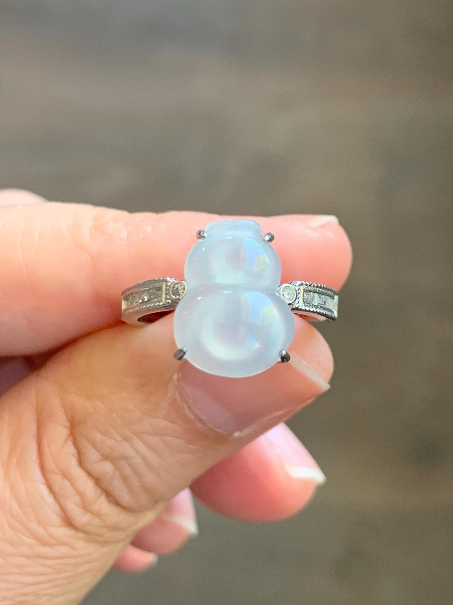Natural Grade A Icy Highly Translucent White Jade Jadeite Gourd Hulu Ring Sterling Silver Size 7 Adjustable 天然白冰翡翠葫芦戒指 MBL88B
