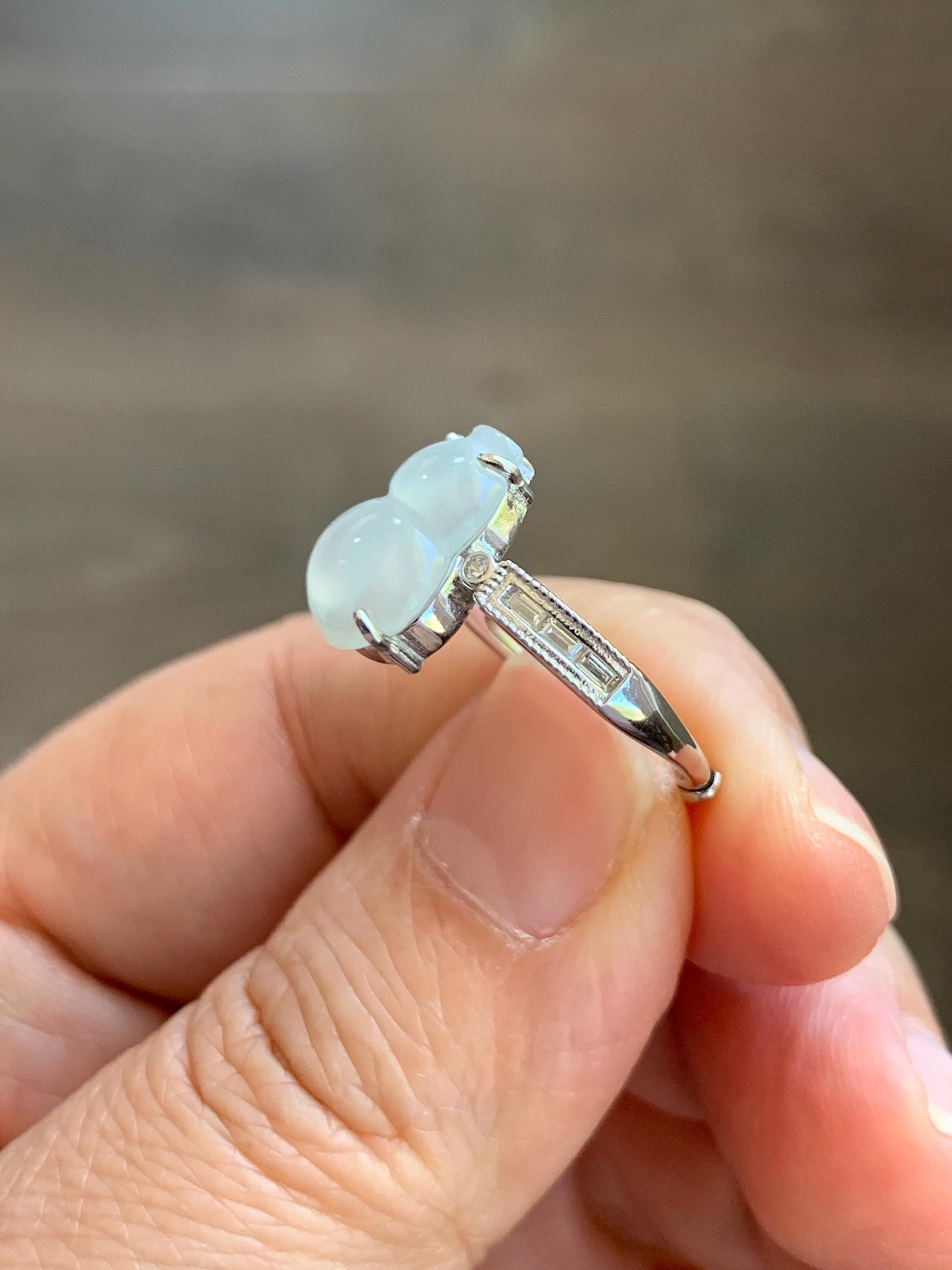 Natural Grade A Icy Highly Translucent White Jade Jadeite Gourd Hulu Ring Sterling Silver Size 7 Adjustable 天然白冰翡翠葫芦戒指 MBL88B