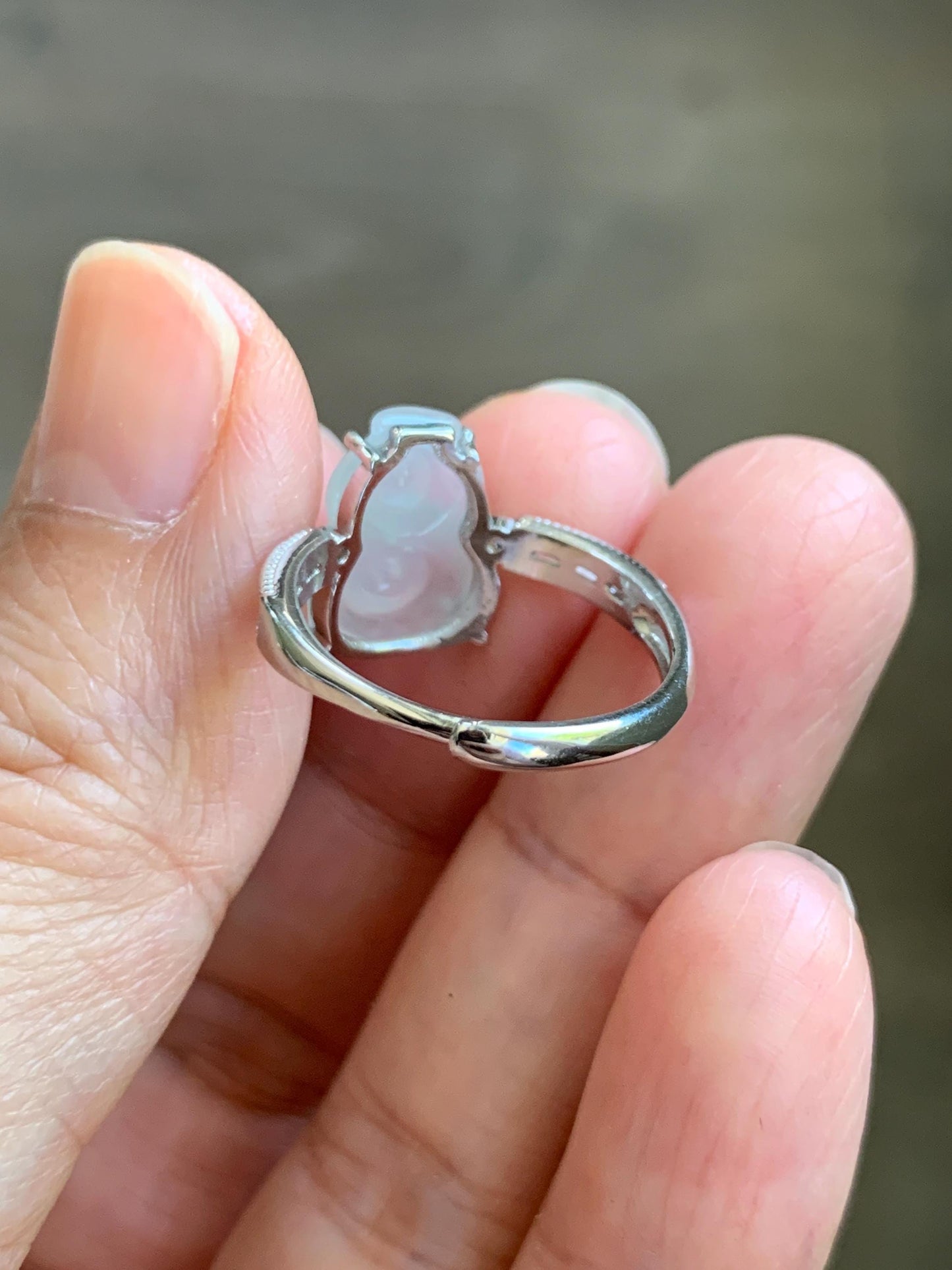 Natural Grade A Icy Highly Translucent White Jade Jadeite Gourd Hulu Ring Sterling Silver Size 7 Adjustable 天然白冰翡翠葫芦戒指 MBL88B