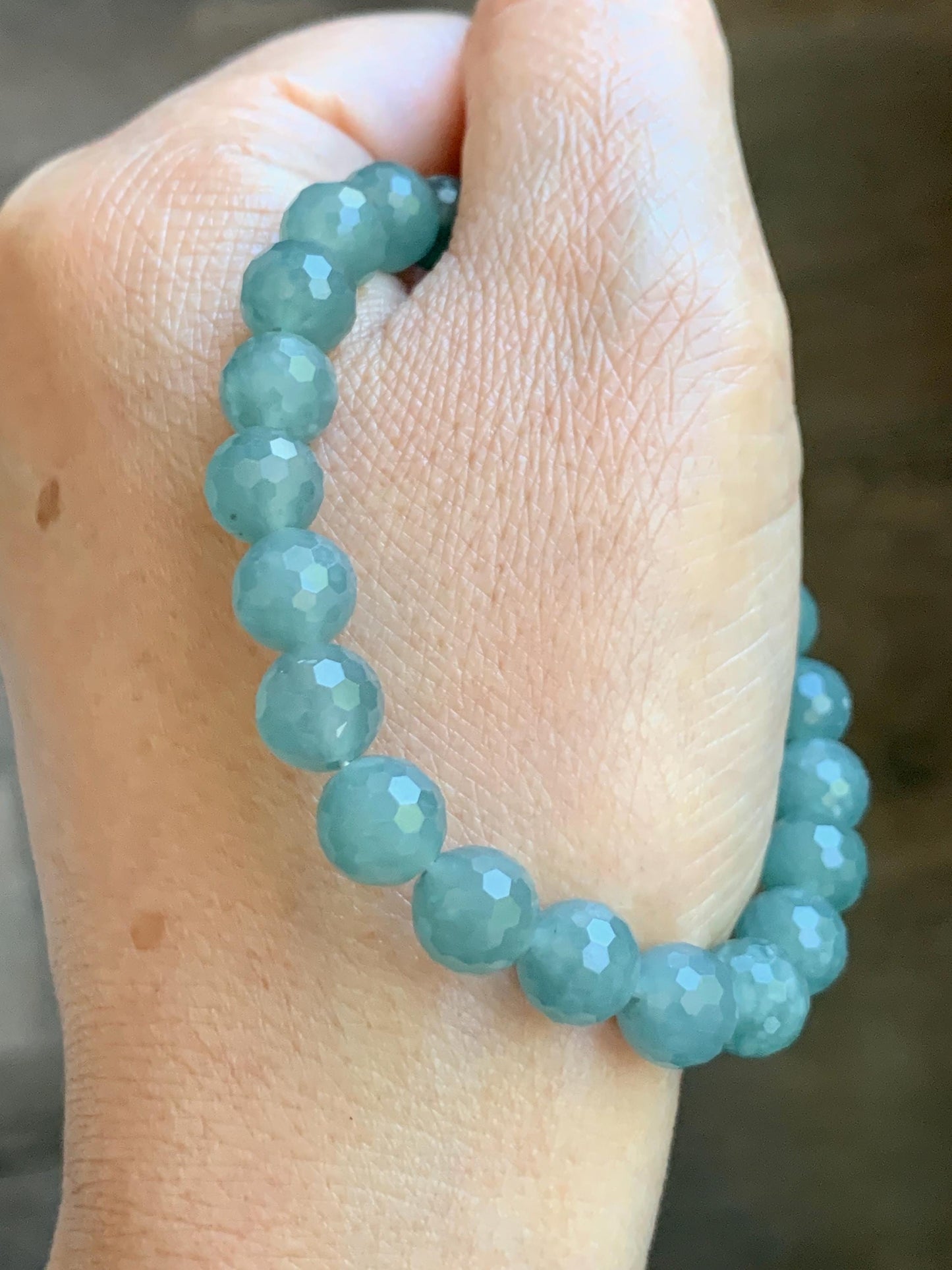 Natural Guatemalan Grade A Icy Translucent Dusty Teal Blue Faceted Jade Jadeite Beaded Bracelet 8mm 7" 20g 天然冰危蓝翡翠切割面圆珠手串 WQG100C