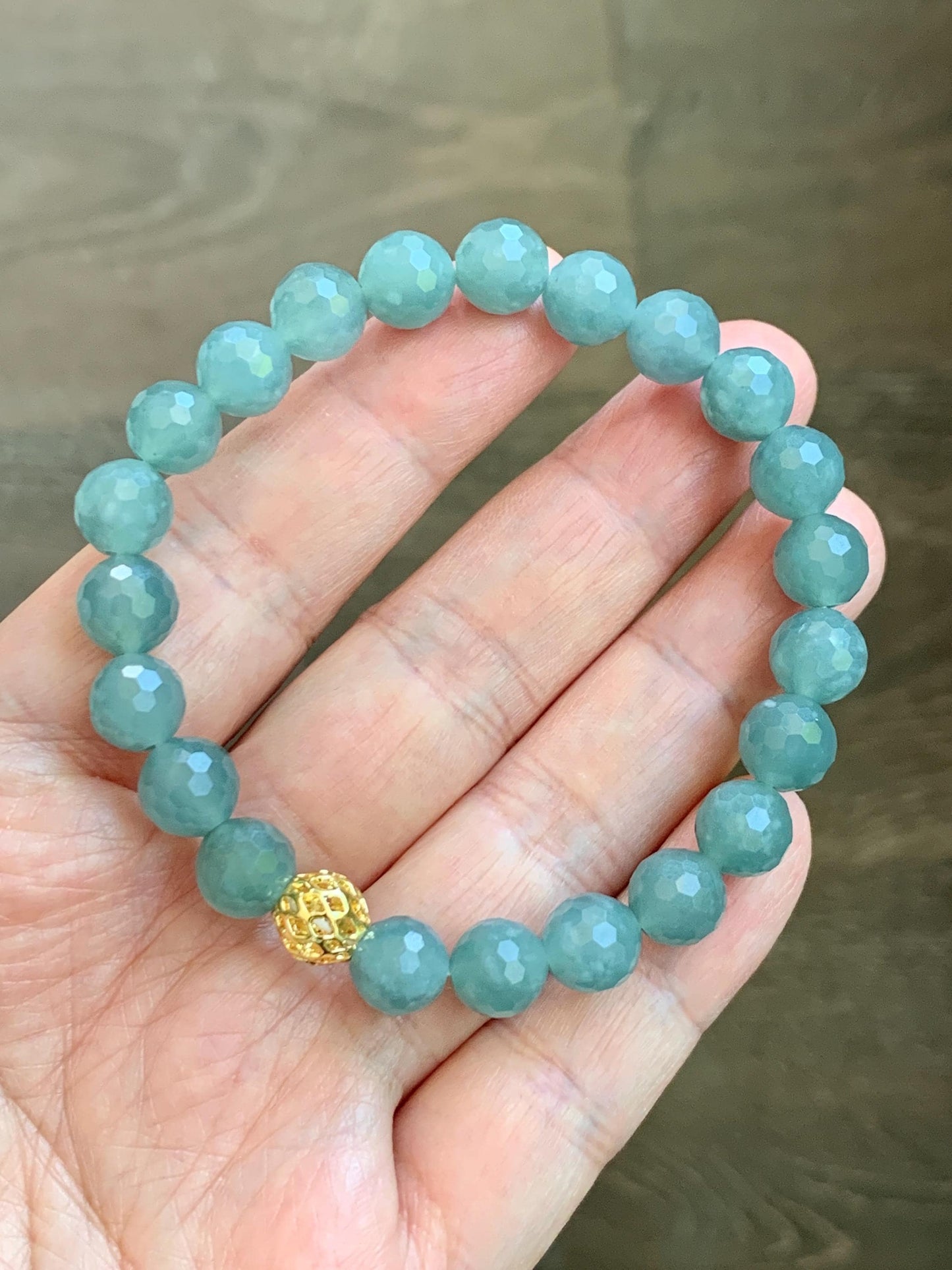 Natural Guatemalan Grade A Icy Translucent Dusty Teal Blue Faceted Jade Jadeite Beaded Bracelet 8mm 7" 20g 天然冰危蓝翡翠切割面圆珠手串 WQG100C