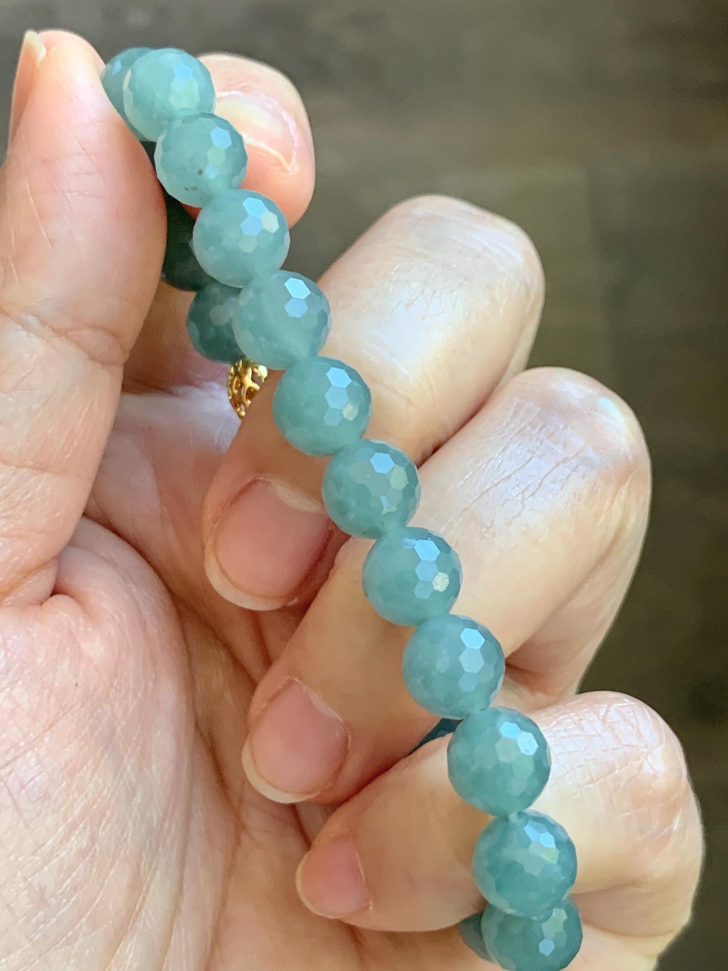 Natural Guatemalan Grade A Icy Translucent Dusty Teal Blue Faceted Jade Jadeite Beaded Bracelet 8mm 7" 20g 天然冰危蓝翡翠切割面圆珠手串 WQG100C