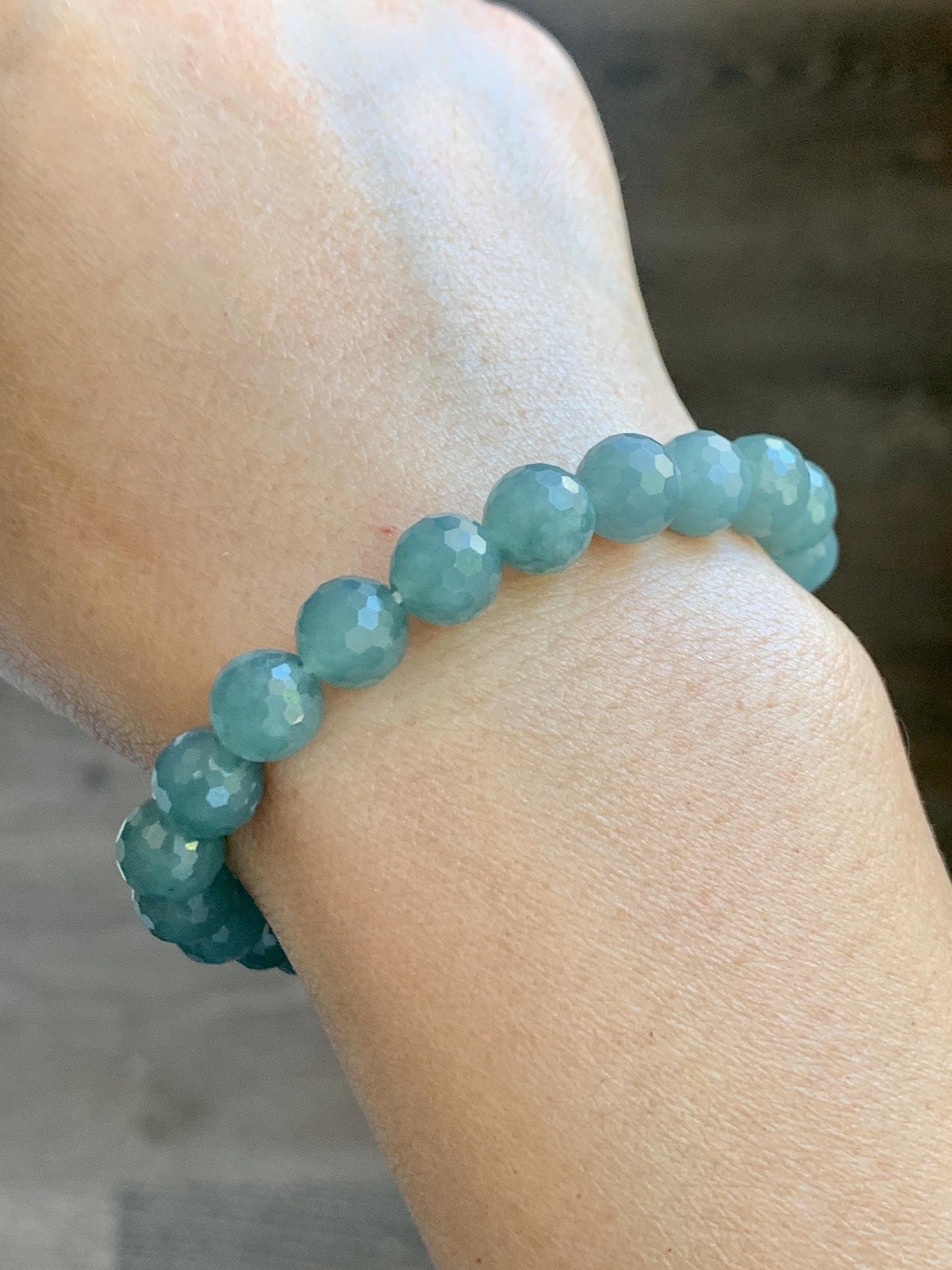 Natural Guatemalan Grade A Icy Translucent Dusty Teal Blue Faceted Jade Jadeite Beaded Bracelet 8mm 7" 20g 天然冰危蓝翡翠切割面圆珠手串 WQG100C