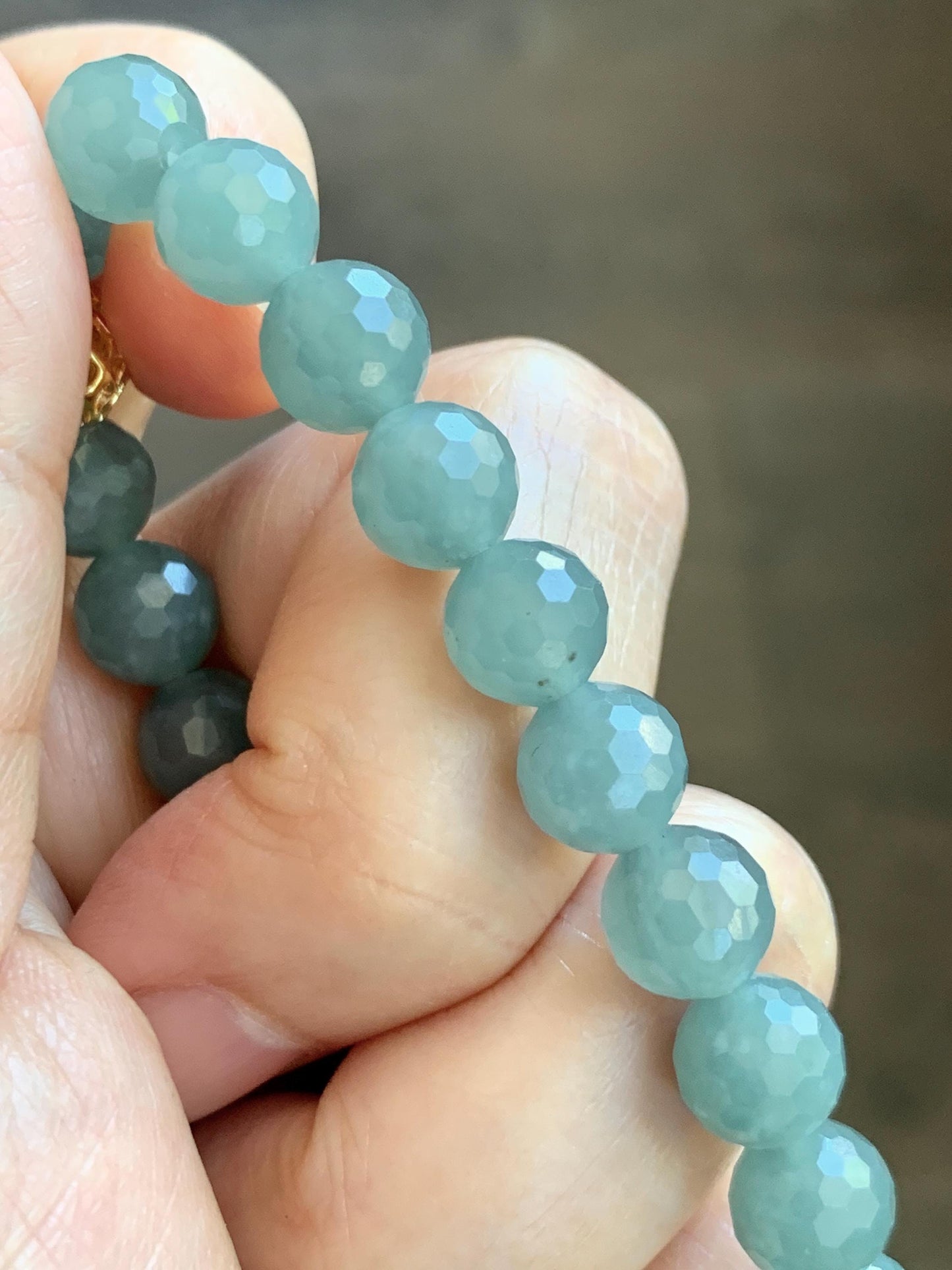 Natural Guatemalan Grade A Icy Translucent Dusty Teal Blue Faceted Jade Jadeite Beaded Bracelet 8mm 7" 20g 天然冰危蓝翡翠切割面圆珠手串 WQG100C