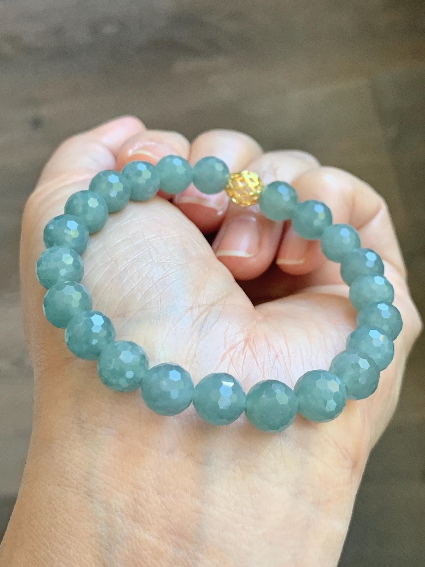 Natural Guatemalan Grade A Icy Translucent Dusty Teal Blue Faceted Jade Jadeite Beaded Bracelet 8mm 7" 20g 天然冰危蓝翡翠切割面圆珠手串 WQG100C