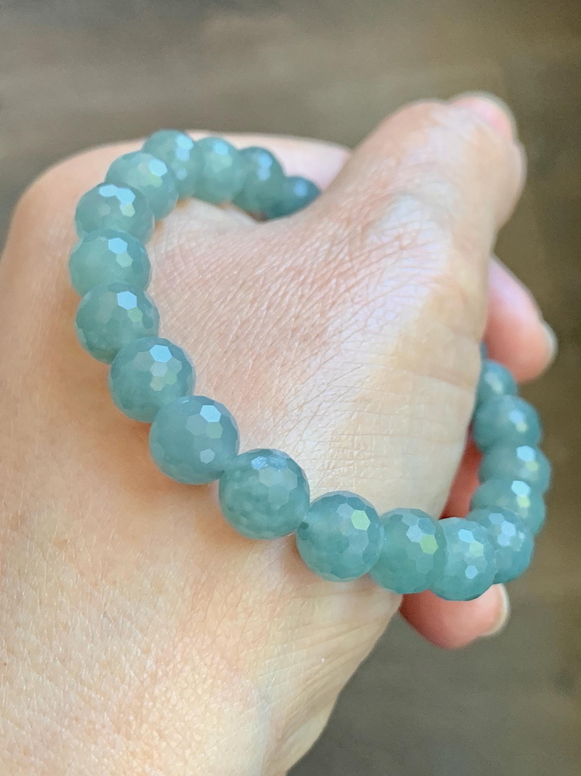 Natural Guatemalan Grade A Icy Translucent Dusty Teal Blue Faceted Jade Jadeite Beaded Bracelet 8mm 7" 20g 天然冰危蓝翡翠切割面圆珠手串 WQG100C