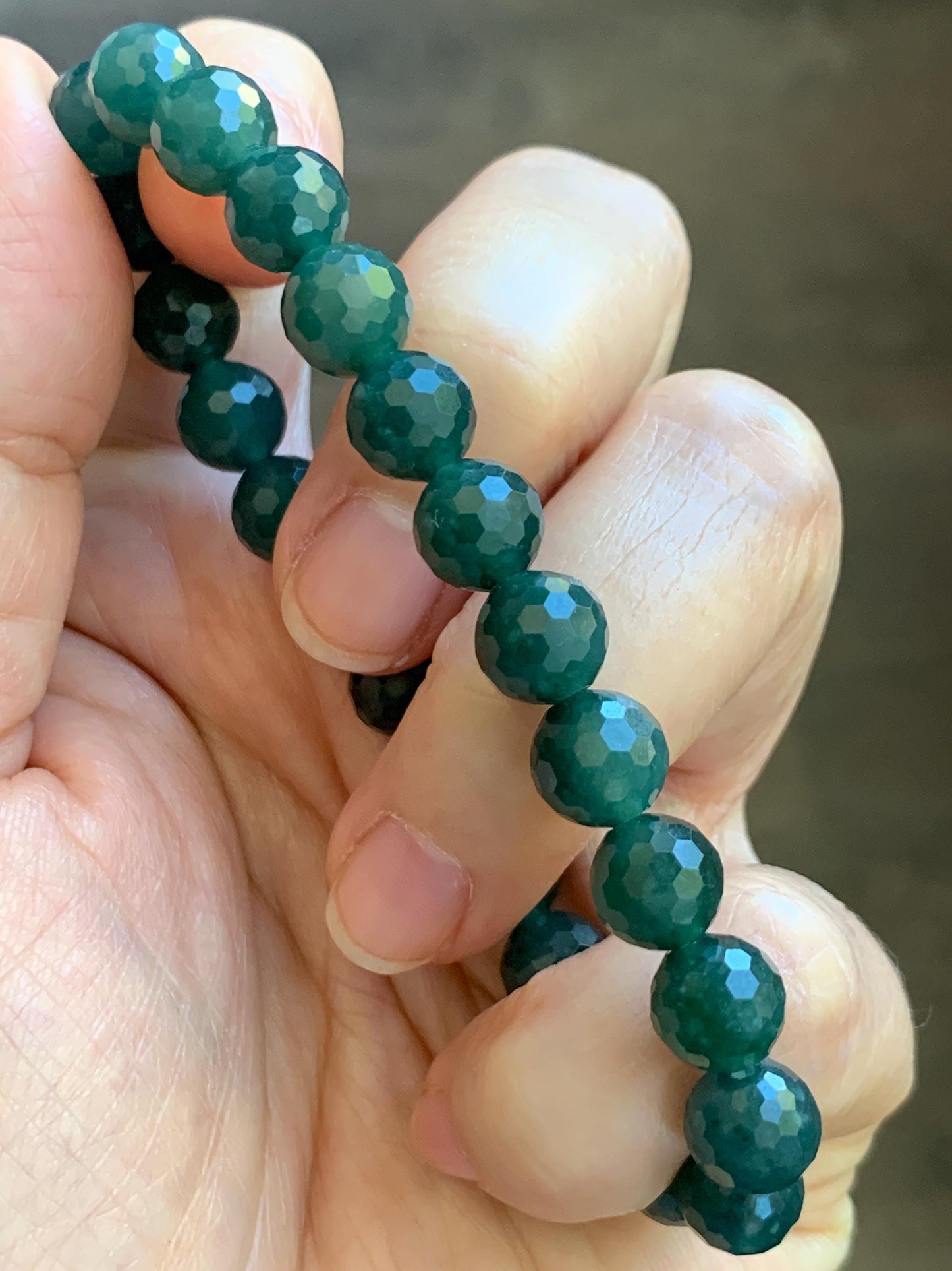 Natural Guatemalan Grade A Icy Translucent Dark Teal Blue Faceted Jade Jadeite Beaded Bracelet 8mm 7.25" 21g 天然冰危深蓝翡翠切割面圆珠手串 WQG100B