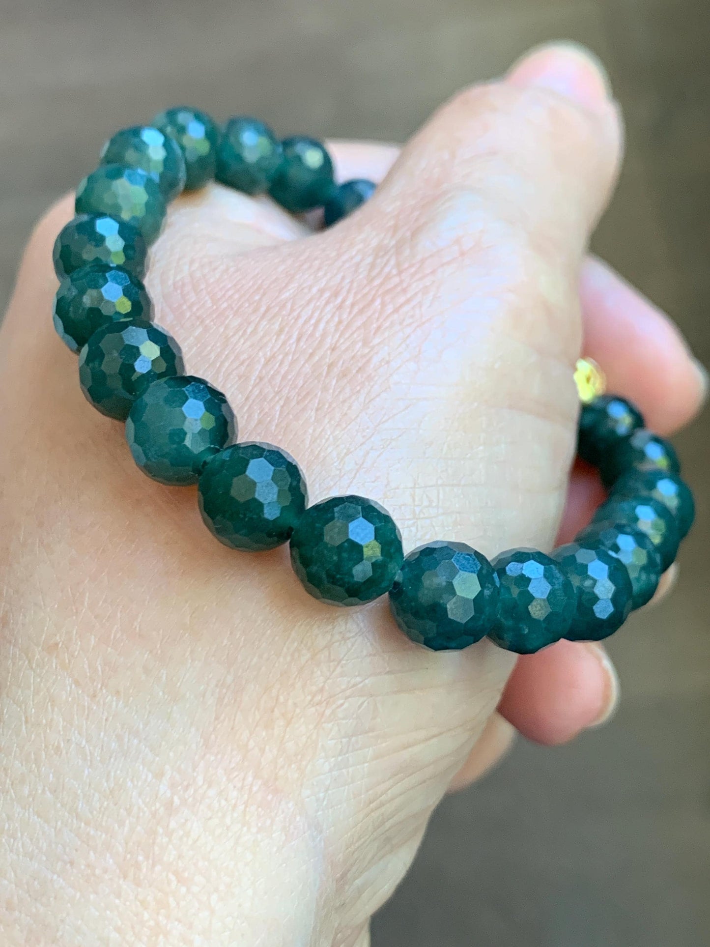 Natural Guatemalan Grade A Icy Translucent Dark Teal Blue Faceted Jade Jadeite Beaded Bracelet 8mm 7.25" 21g 天然冰危深蓝翡翠切割面圆珠手串 WQG100B