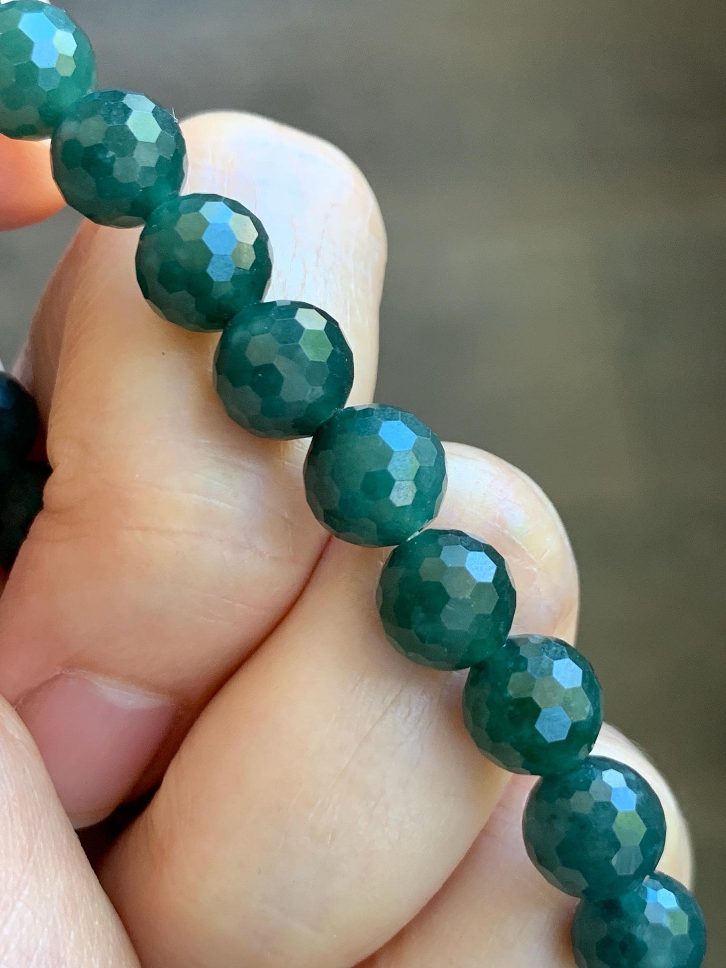 Natural Guatemalan Grade A Icy Translucent Dark Teal Blue Faceted Jade Jadeite Beaded Bracelet 8mm 7.25" 21g 天然冰危深蓝翡翠切割面圆珠手串 WQG100B
