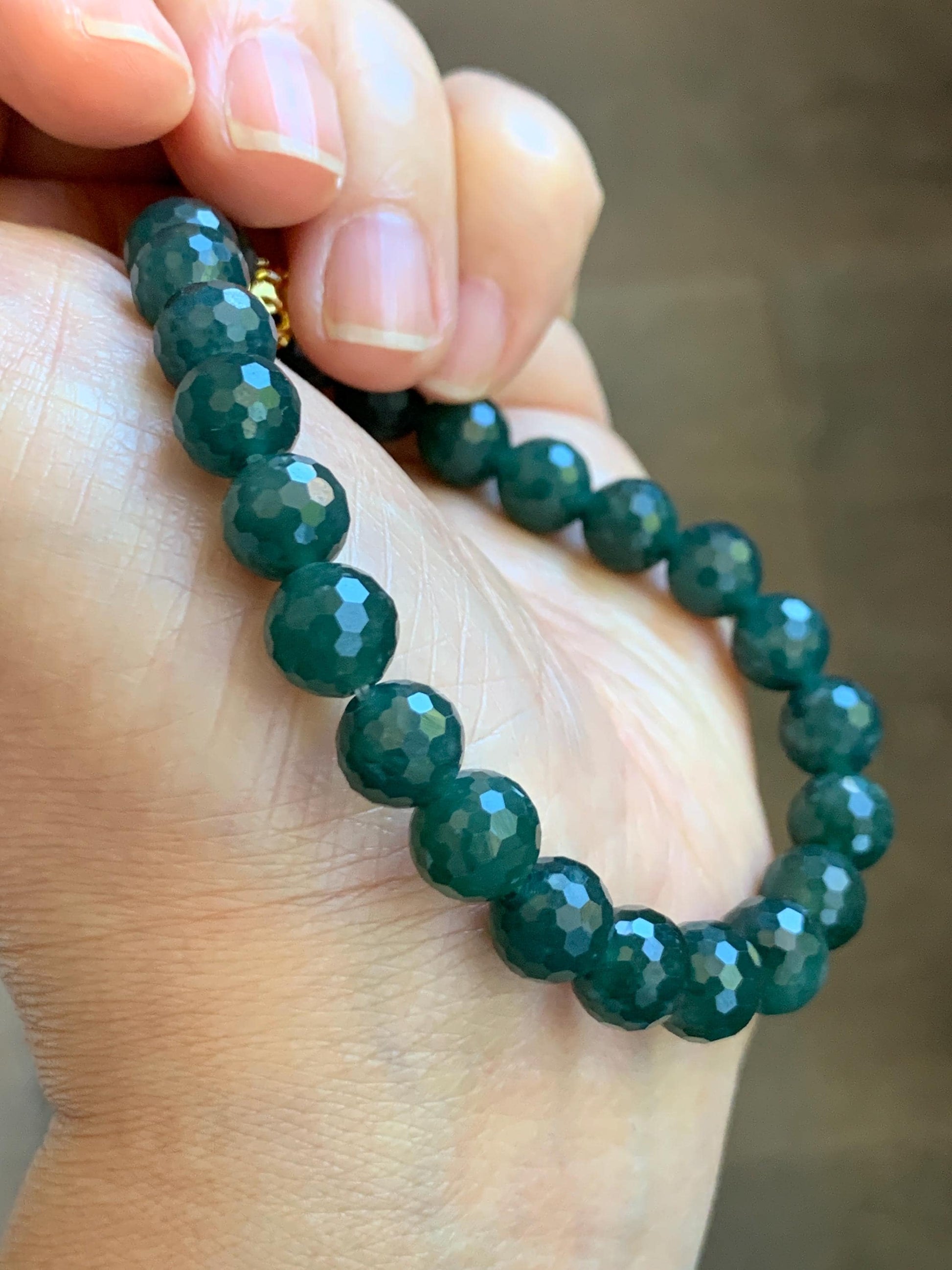 Natural Guatemalan Grade A Icy Translucent Dark Teal Blue Faceted Jade Jadeite Beaded Bracelet 8mm 7.25" 21g 天然冰危深蓝翡翠切割面圆珠手串 WQG100B