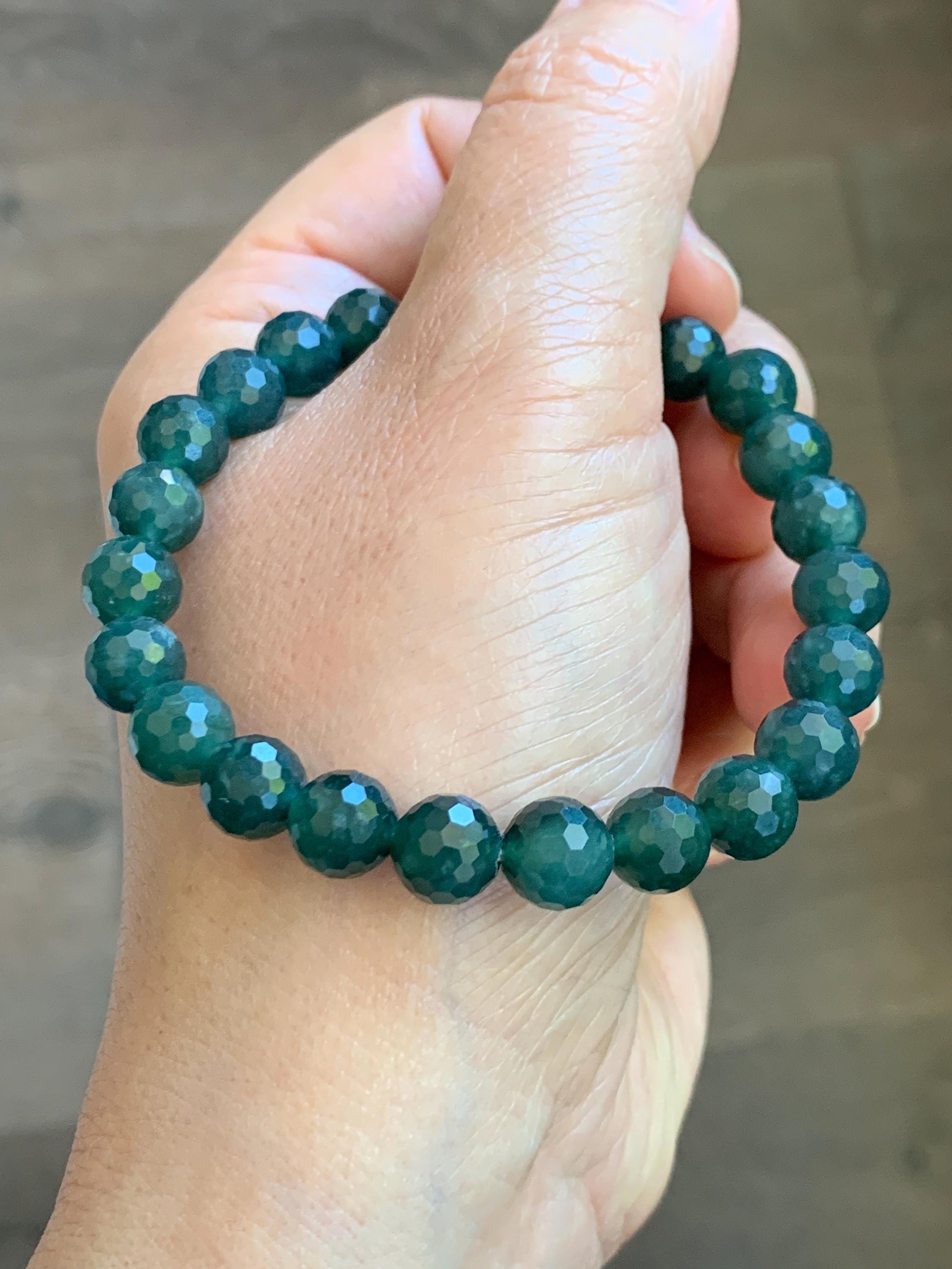 Natural Guatemalan Grade A Icy Translucent Dark Teal Blue Faceted Jade Jadeite Beaded Bracelet 8mm 7.25" 21g 天然冰危深蓝翡翠切割面圆珠手串 WQG100B