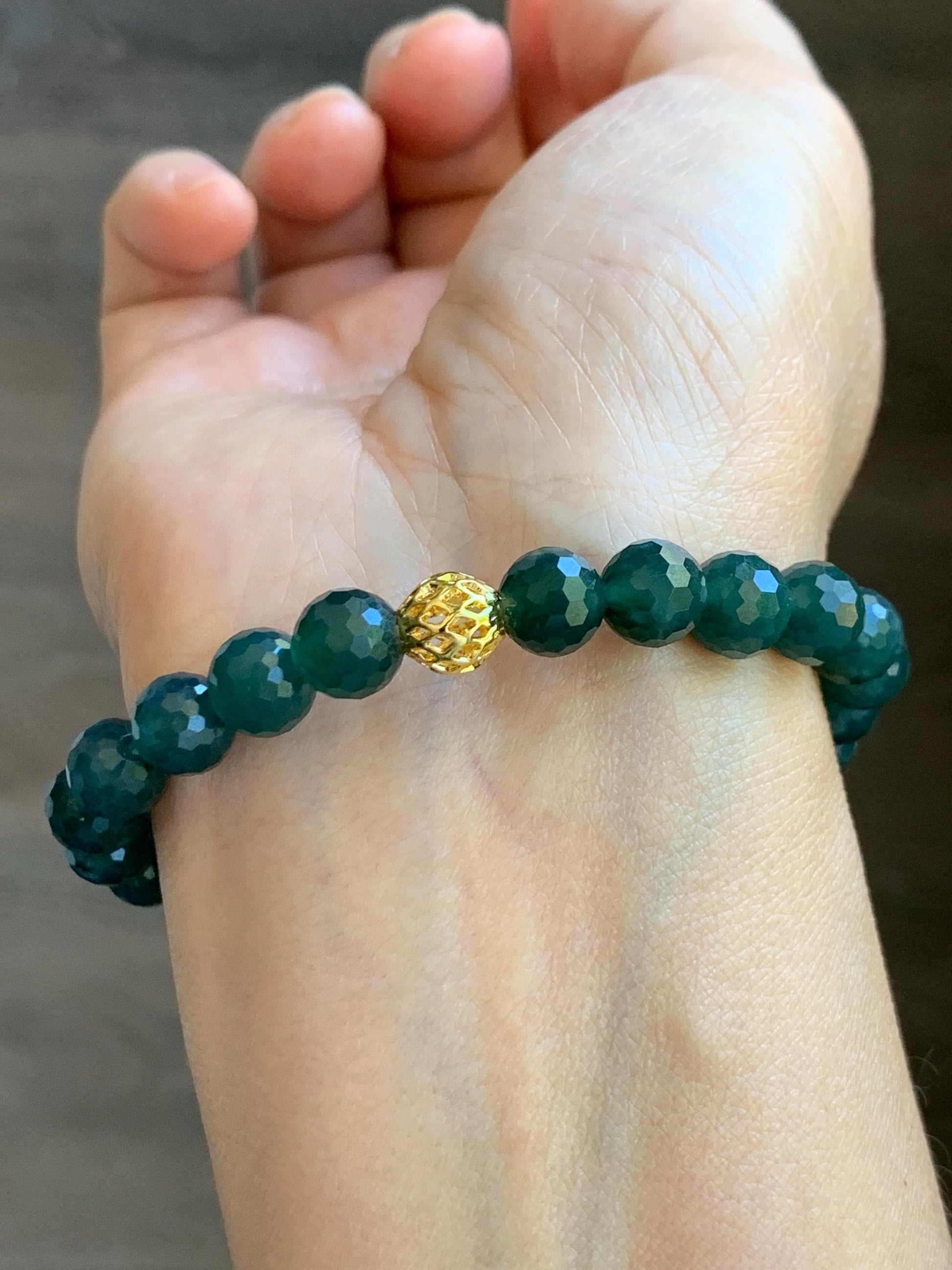Natural Guatemalan Grade A Icy Translucent Dark Teal Blue Faceted Jade Jadeite Beaded Bracelet 8mm 7.25" 21g 天然冰危深蓝翡翠切割面圆珠手串 WQG100B