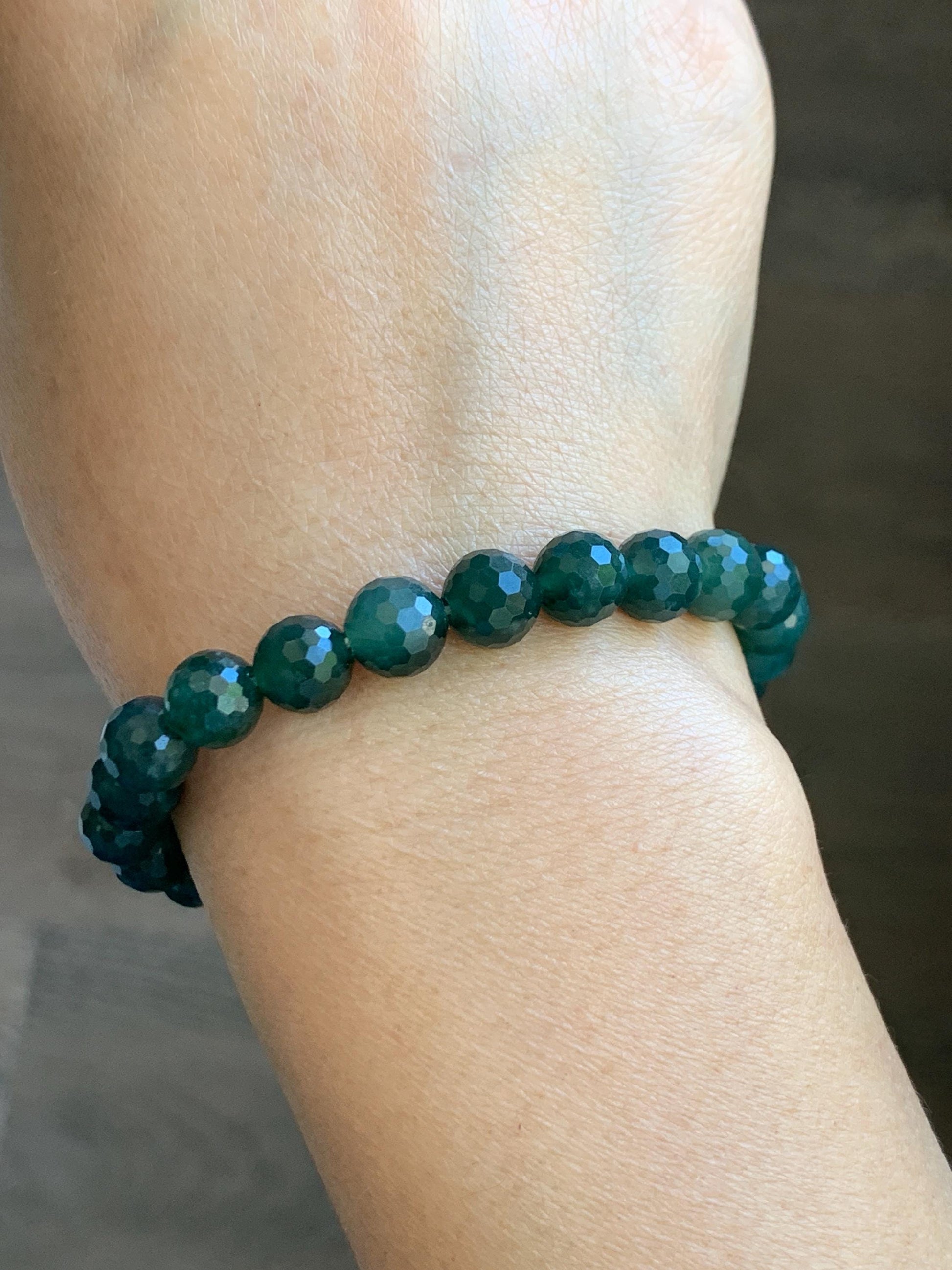 Natural Guatemalan Grade A Icy Translucent Dark Teal Blue Faceted Jade Jadeite Beaded Bracelet 8mm 7.25" 21g 天然冰危深蓝翡翠切割面圆珠手串 WQG100B