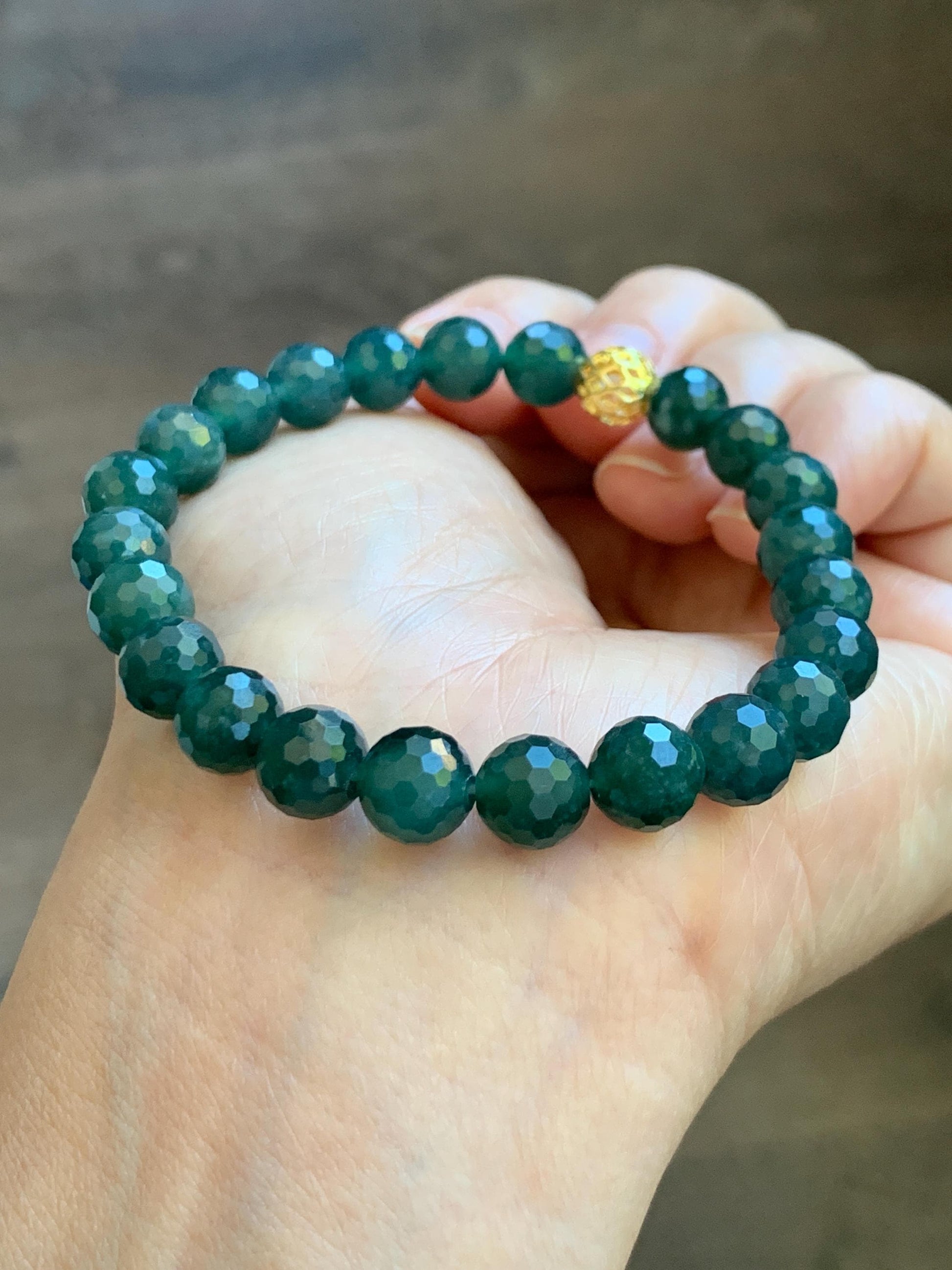 Natural Guatemalan Grade A Icy Translucent Dark Teal Blue Faceted Jade Jadeite Beaded Bracelet 8mm 7.25" 21g 天然冰危深蓝翡翠切割面圆珠手串 WQG100B