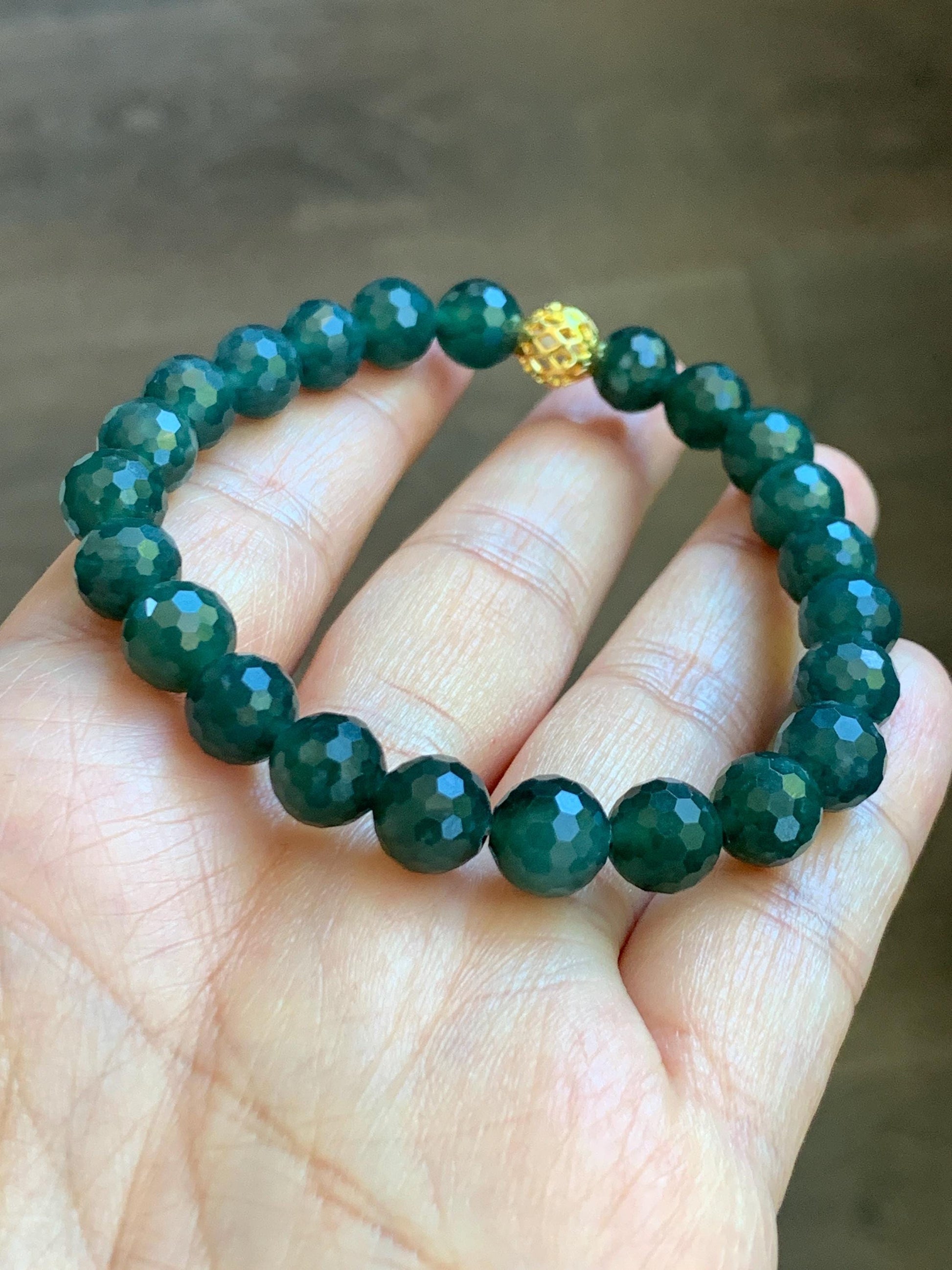 Natural Guatemalan Grade A Icy Translucent Dark Teal Blue Faceted Jade Jadeite Beaded Bracelet 8mm 7.25" 21g 天然冰危深蓝翡翠切割面圆珠手串 WQG100B