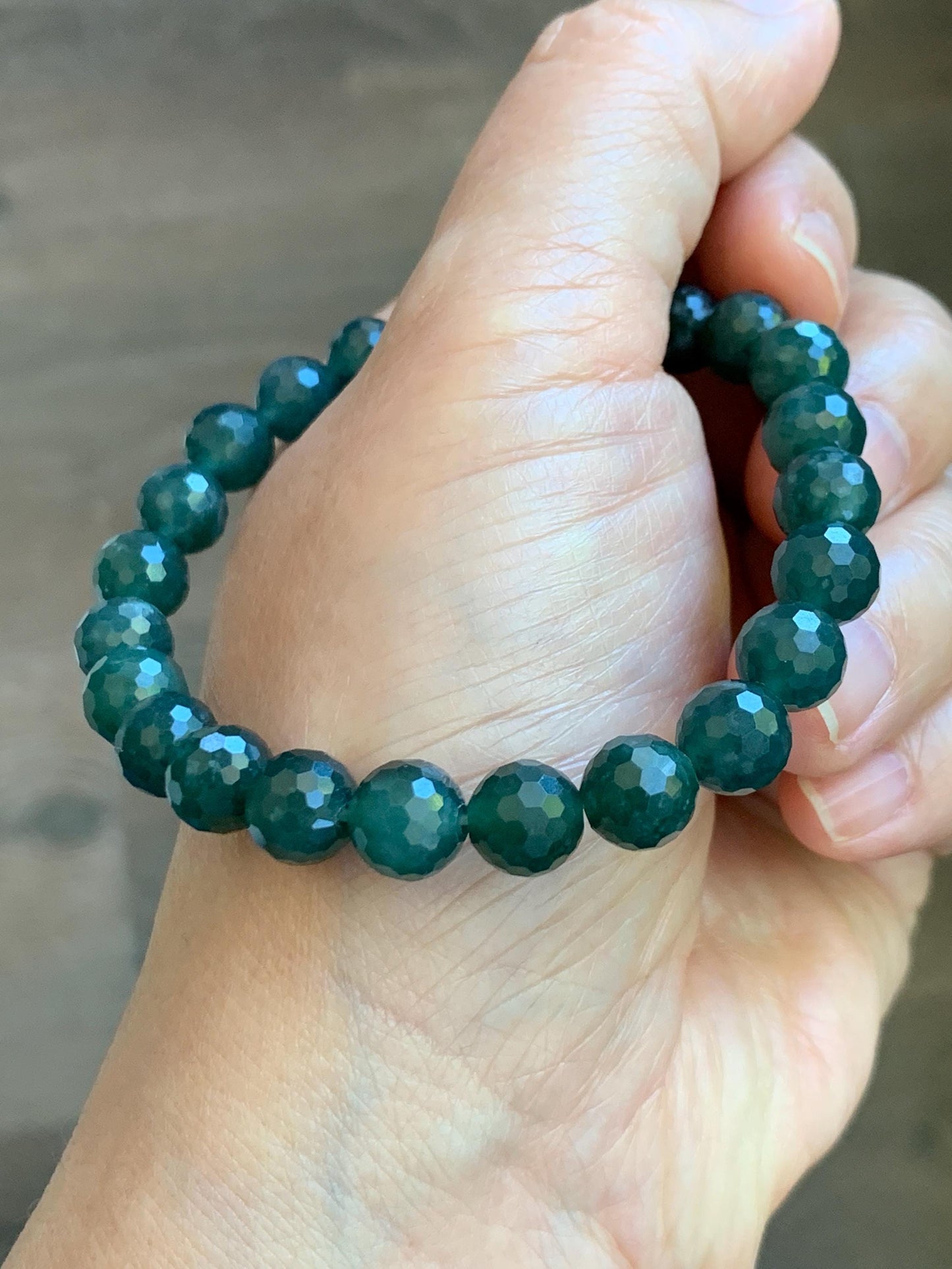 Natural Guatemalan Grade A Icy Translucent Dark Teal Blue Faceted Jade Jadeite Beaded Bracelet 8mm 7.25" 21g 天然冰危深蓝翡翠切割面圆珠手串 WQG100B