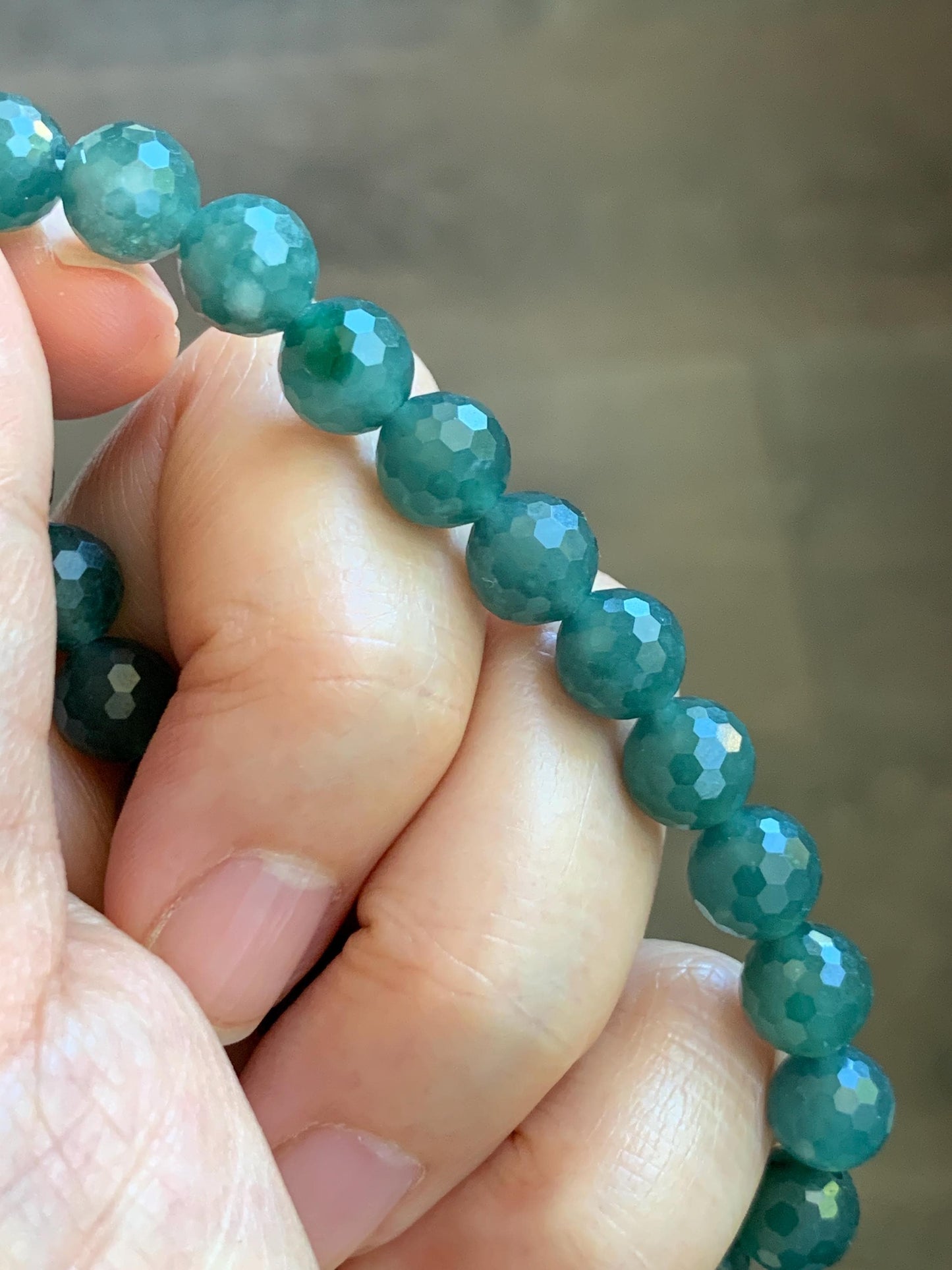 Natural Guatemalan Grade A Icy Translucent Dark Teal Blue Faceted Jade Jadeite Beaded Bracelet 8.3mm 7.5" 21g 天然冰危深蓝翡翠切割面圆珠手串 WQG100D