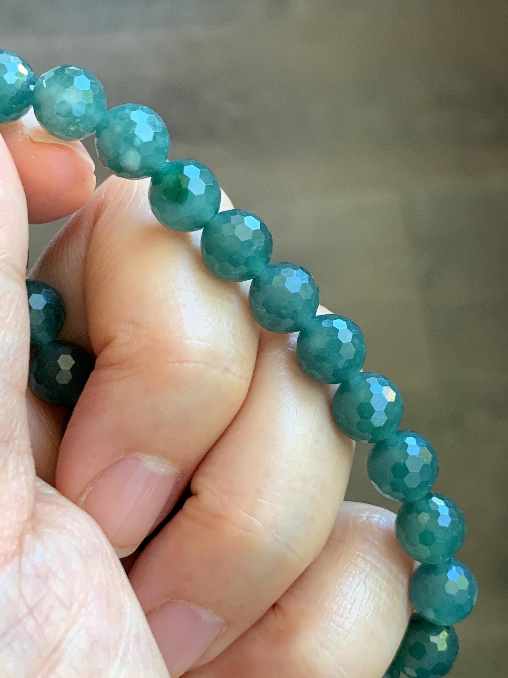 Natural Guatemalan Grade A Icy Translucent Dark Teal Blue Faceted Jade Jadeite Beaded Bracelet 8.3mm 7.5" 21g 天然冰危深蓝翡翠切割面圆珠手串 WQG100D