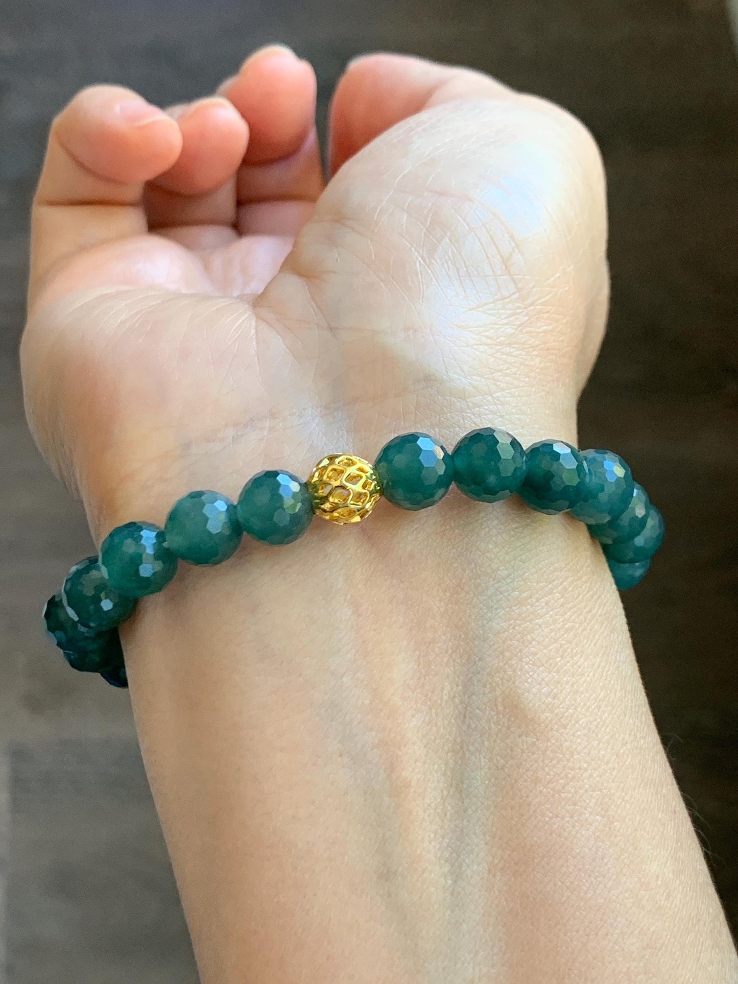 Natural Guatemalan Grade A Icy Translucent Dark Teal Blue Faceted Jade Jadeite Beaded Bracelet 8.3mm 7.5" 21g 天然冰危深蓝翡翠切割面圆珠手串 WQG100D