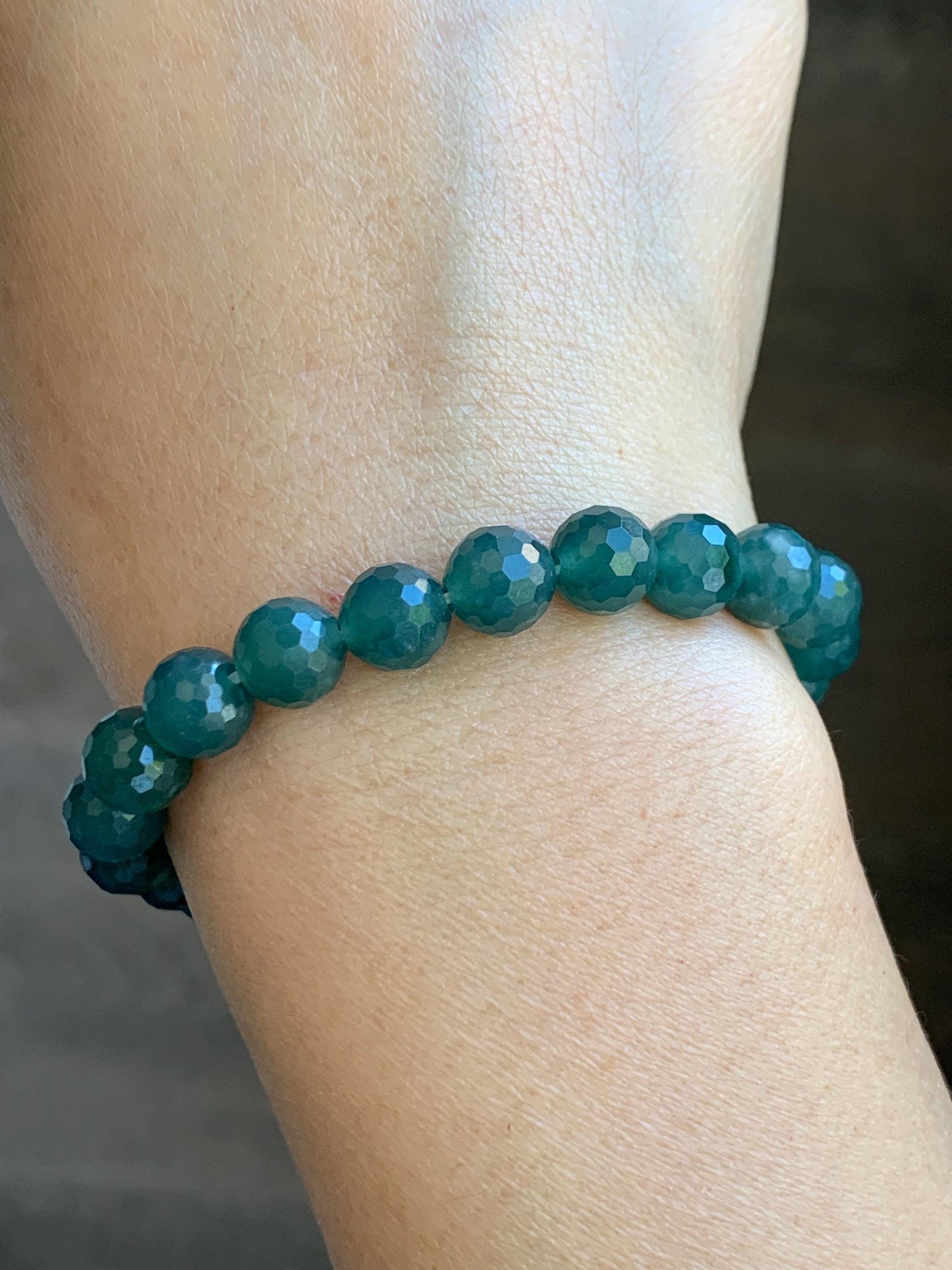 Natural Guatemalan Grade A Icy Translucent Dark Teal Blue Faceted Jade Jadeite Beaded Bracelet 8.3mm 7.5" 21g 天然冰危深蓝翡翠切割面圆珠手串 WQG100D