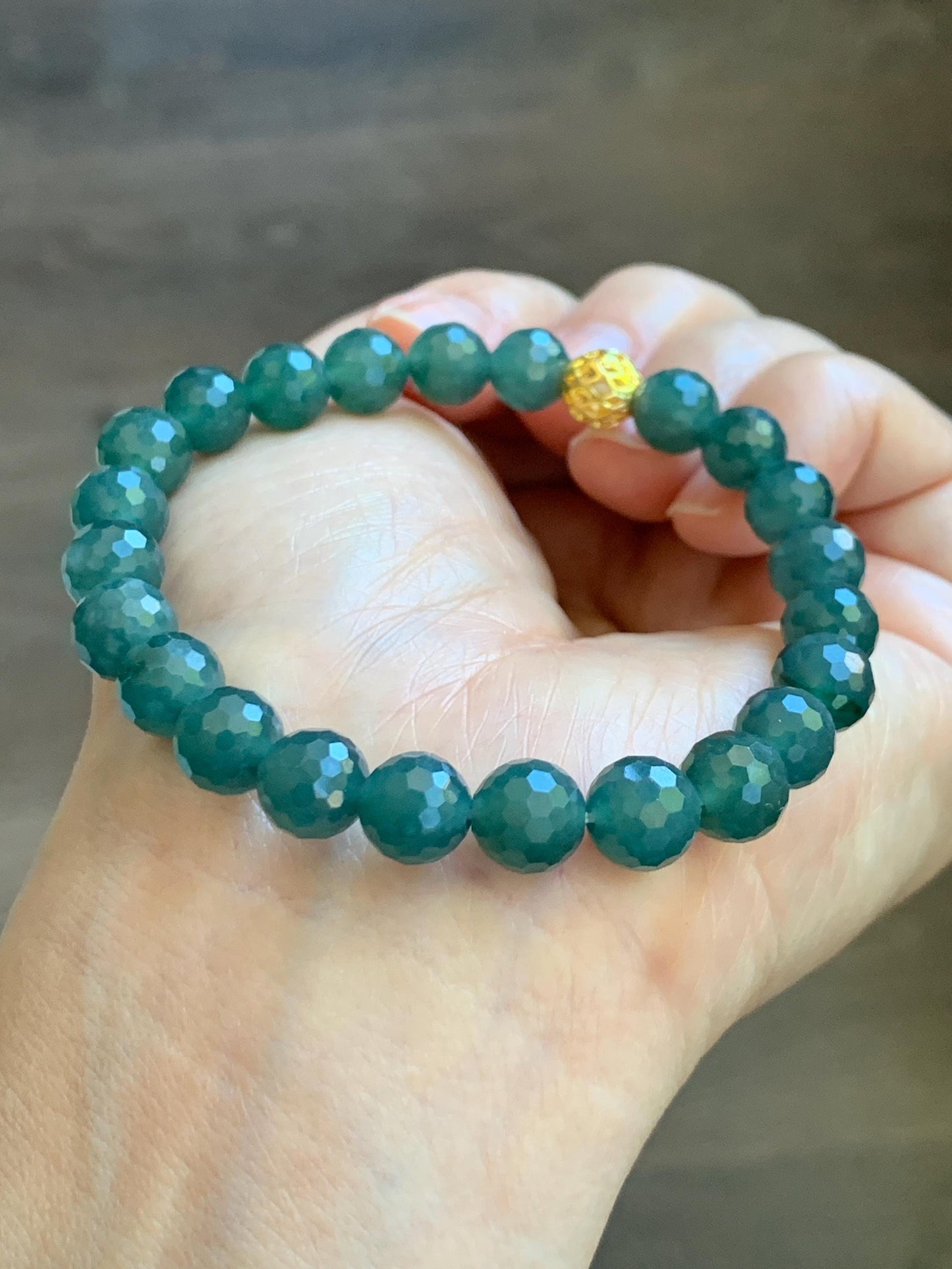 Natural Guatemalan Grade A Icy Translucent Dark Teal Blue Faceted Jade Jadeite Beaded Bracelet 8.3mm 7.5" 21g 天然冰危深蓝翡翠切割面圆珠手串 WQG100D