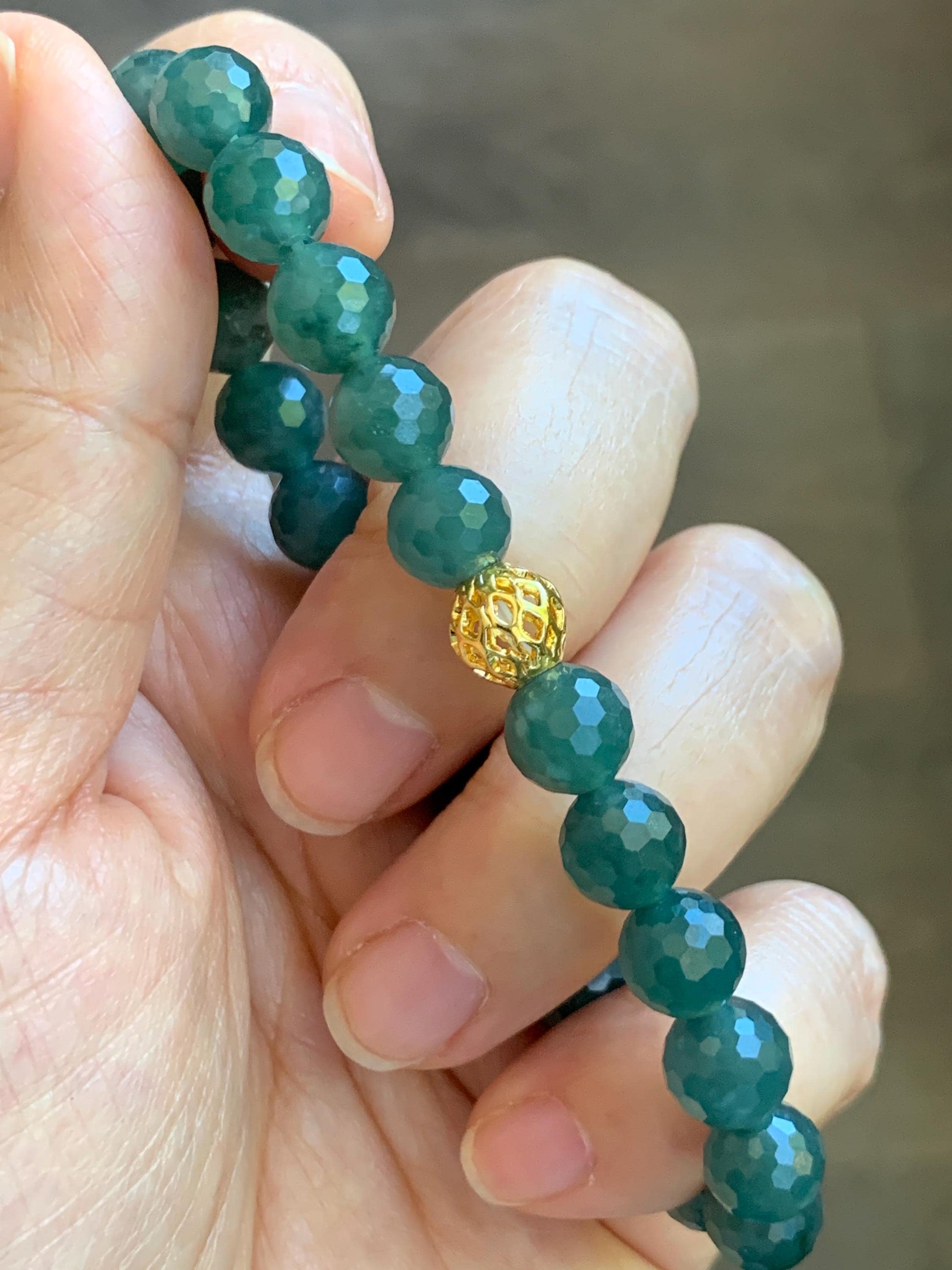 Natural Guatemalan Grade A Icy Translucent Dark Teal Blue Faceted Jade Jadeite Beaded Bracelet 8.3mm 7.5" 21g 天然冰危深蓝翡翠切割面圆珠手串 WQG100D