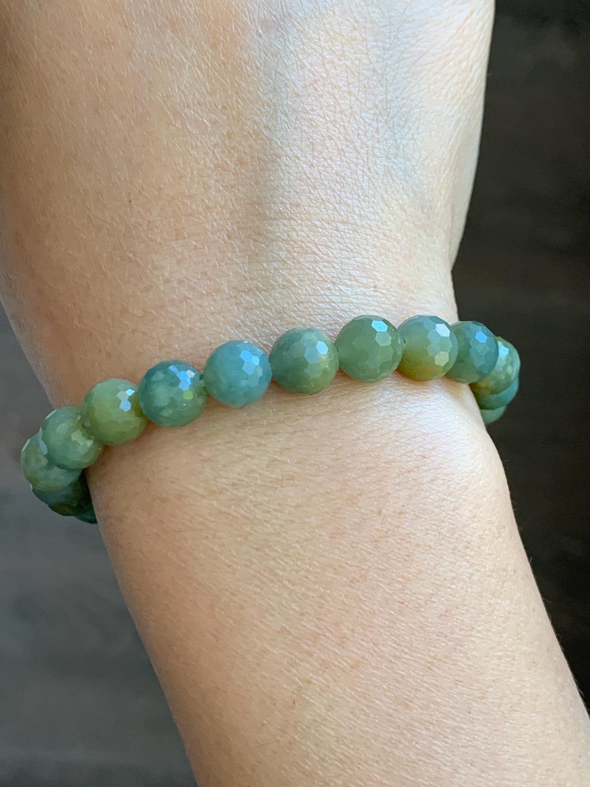 Natural Guatemalan Grade A Icy Translucent Dusty Blue Yellow Faceted Jade Jadeite Beaded Bracelet 8mm 7.25" 20g 天然冰危蓝加黄翡翠切割面圆珠手串 WQG100A