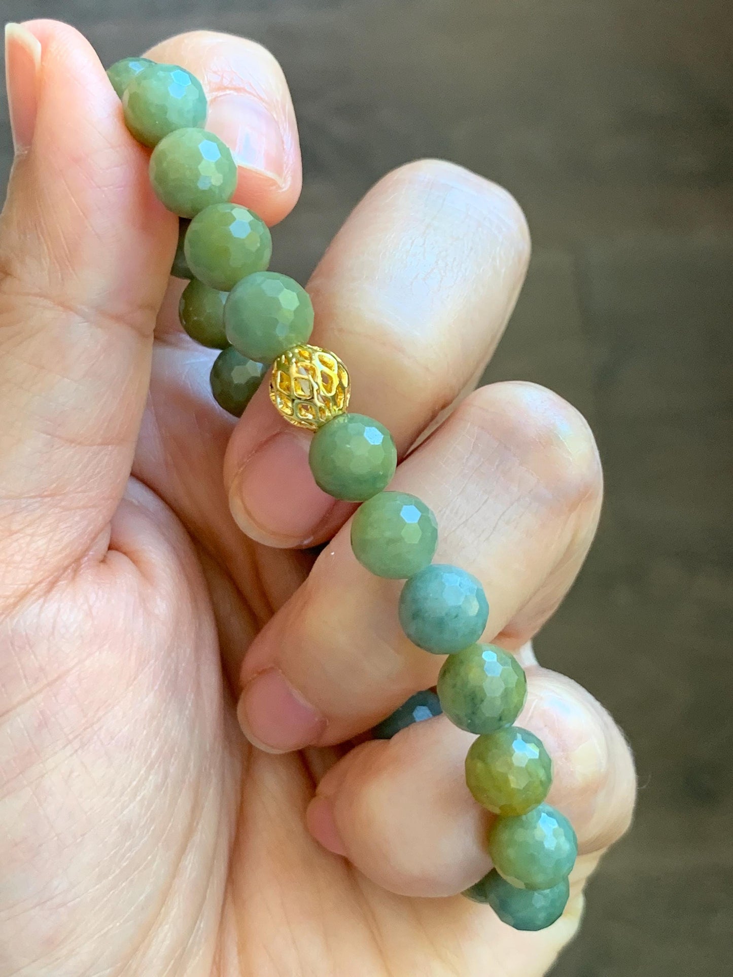 Natural Guatemalan Grade A Icy Translucent Dusty Blue Yellow Faceted Jade Jadeite Beaded Bracelet 8mm 7.25" 20g 天然冰危蓝加黄翡翠切割面圆珠手串 WQG100A