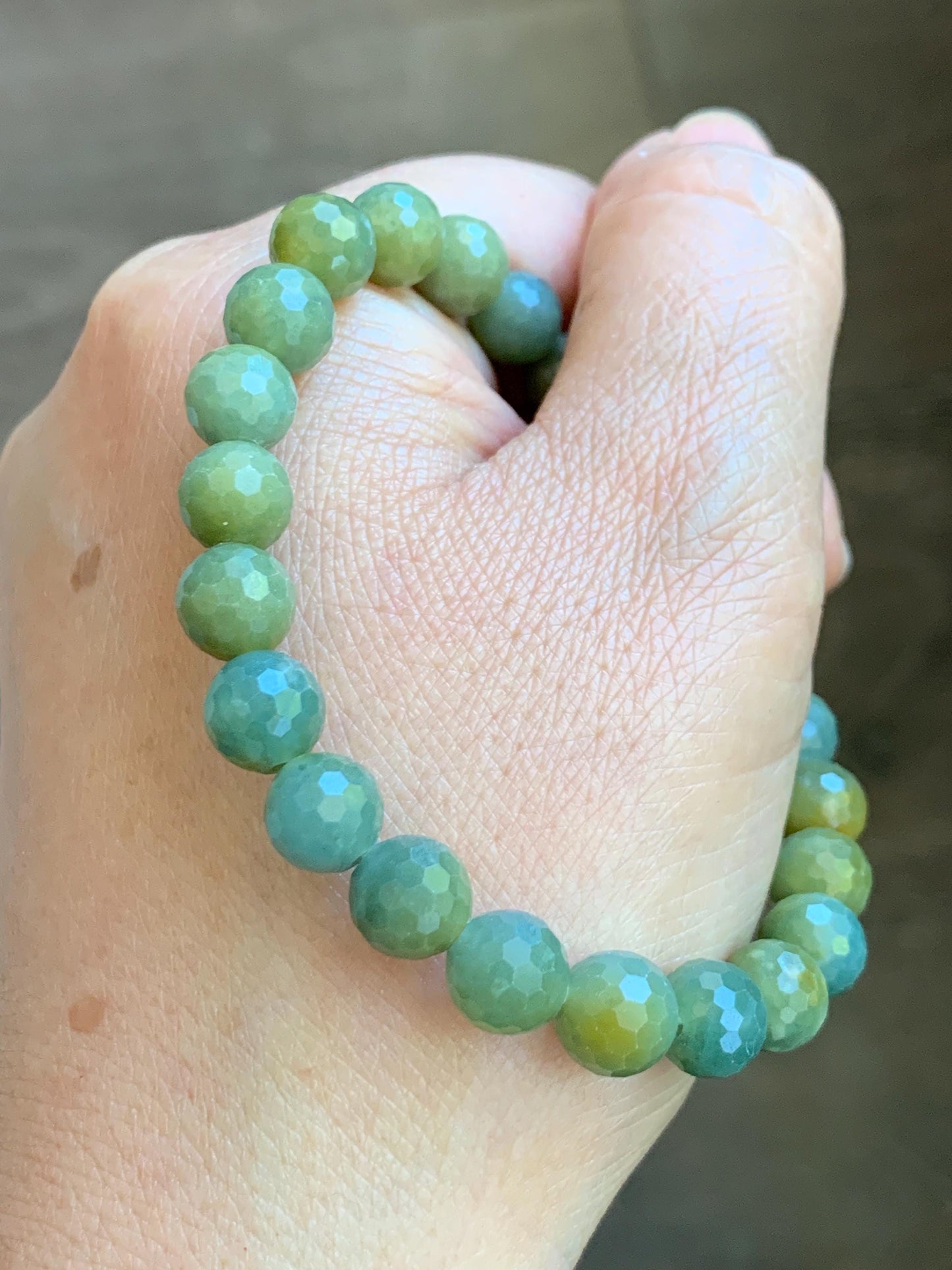 Natural Guatemalan Grade A Icy Translucent Dusty Blue Yellow Faceted Jade Jadeite Beaded Bracelet 8mm 7.25" 20g 天然冰危蓝加黄翡翠切割面圆珠手串 WQG100A