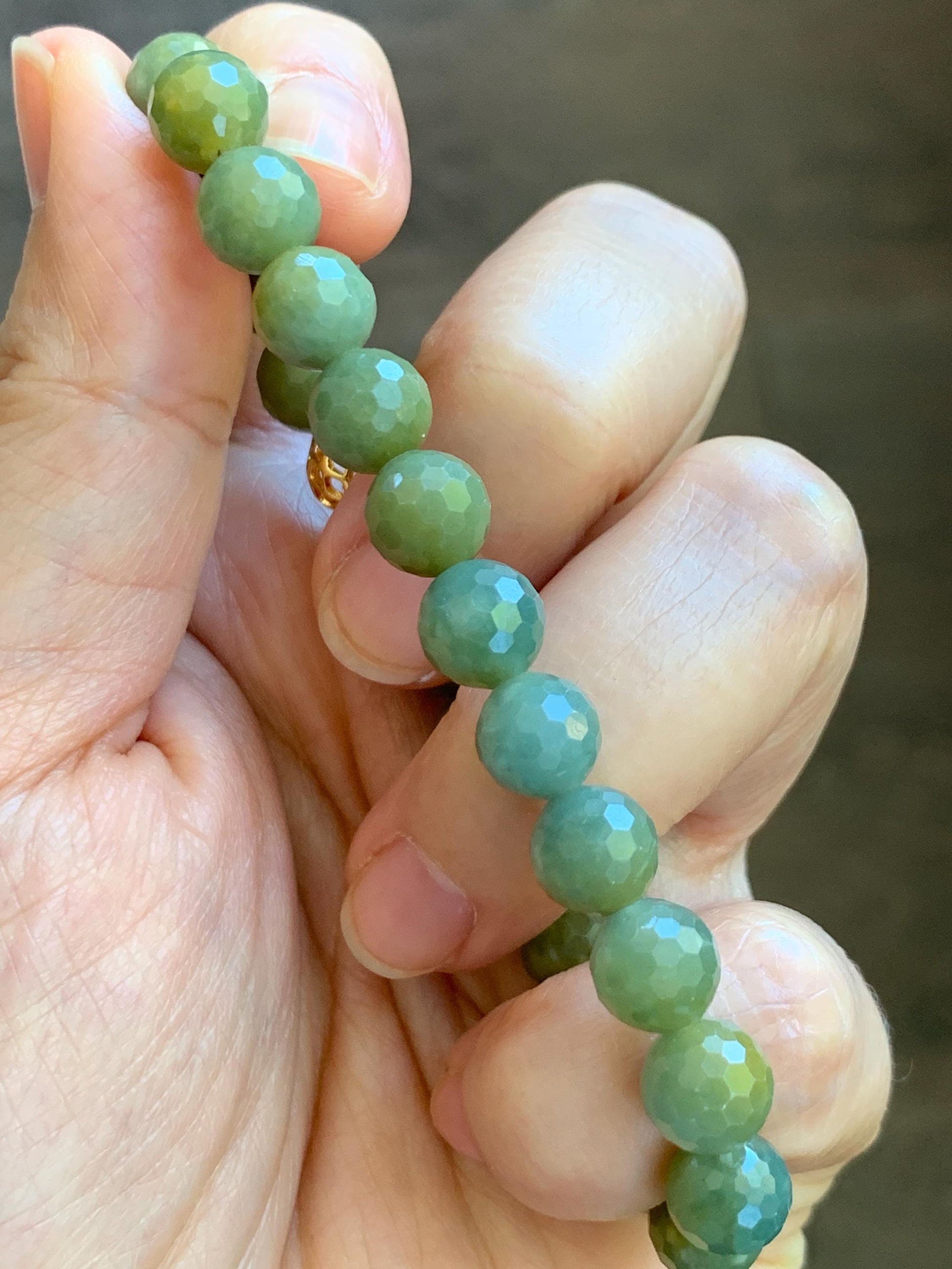 Natural Guatemalan Grade A Icy Translucent Dusty Blue Yellow Faceted Jade Jadeite Beaded Bracelet 8mm 7.25" 20g 天然冰危蓝加黄翡翠切割面圆珠手串 WQG100A