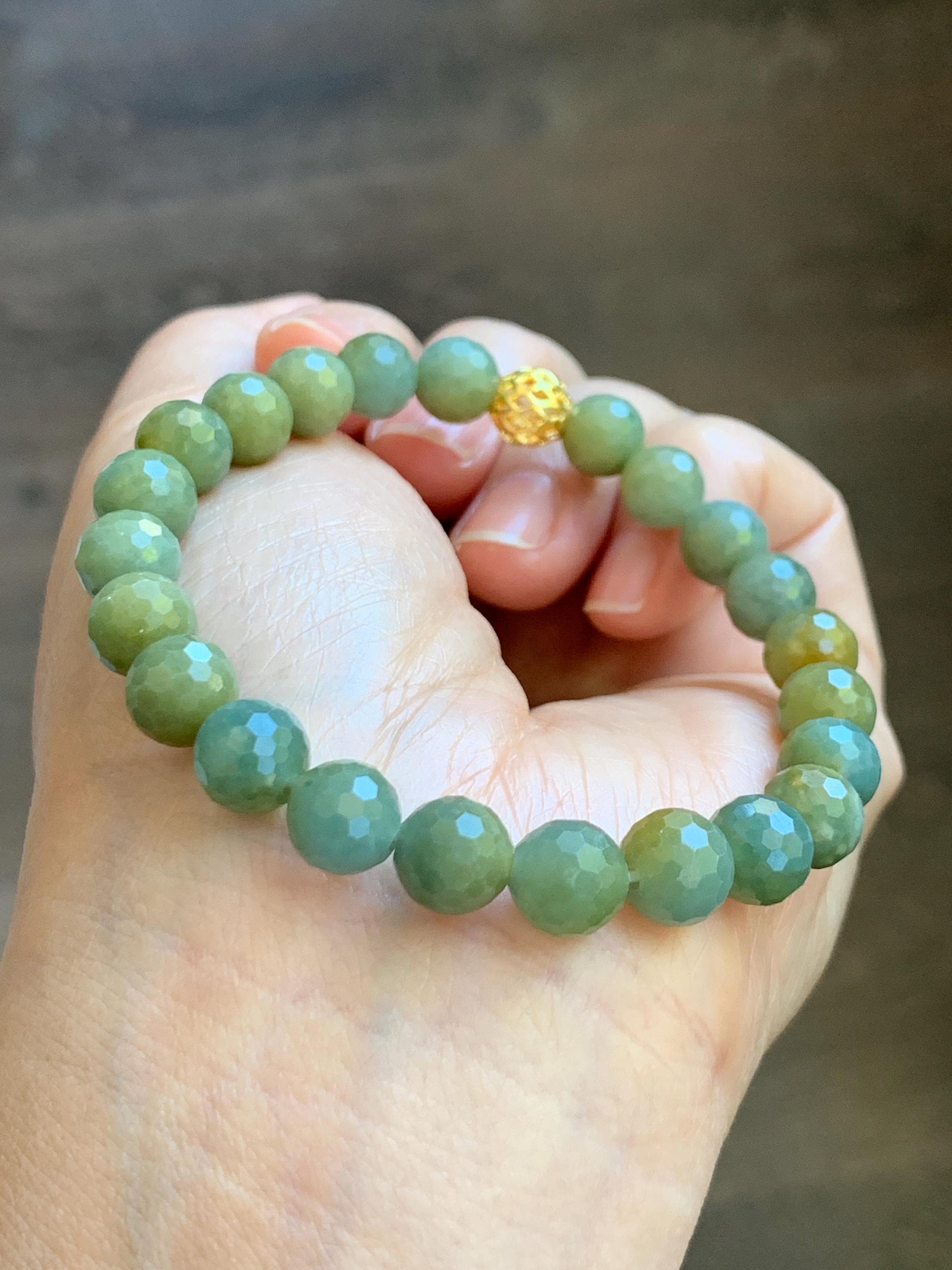 Natural Guatemalan Grade A Icy Translucent Dusty Blue Yellow Faceted Jade Jadeite Beaded Bracelet 8mm 7.25" 20g 天然冰危蓝加黄翡翠切割面圆珠手串 WQG100A