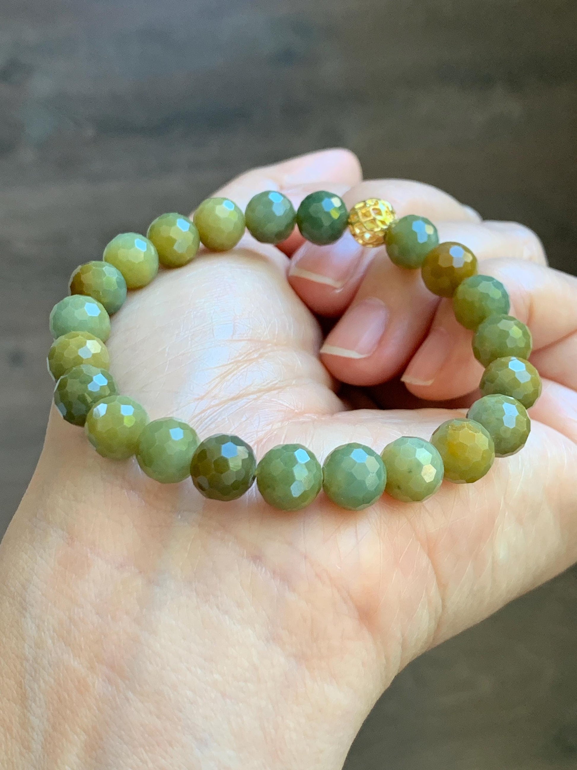 Natural Guatemalan Grade A Icy Translucent Dark Yellow Faceted Jade Jadeite Beaded Bracelet 8.2mm 7" 20g 天然冰危深黄翡翠切割面圆珠手串 WHQ120A