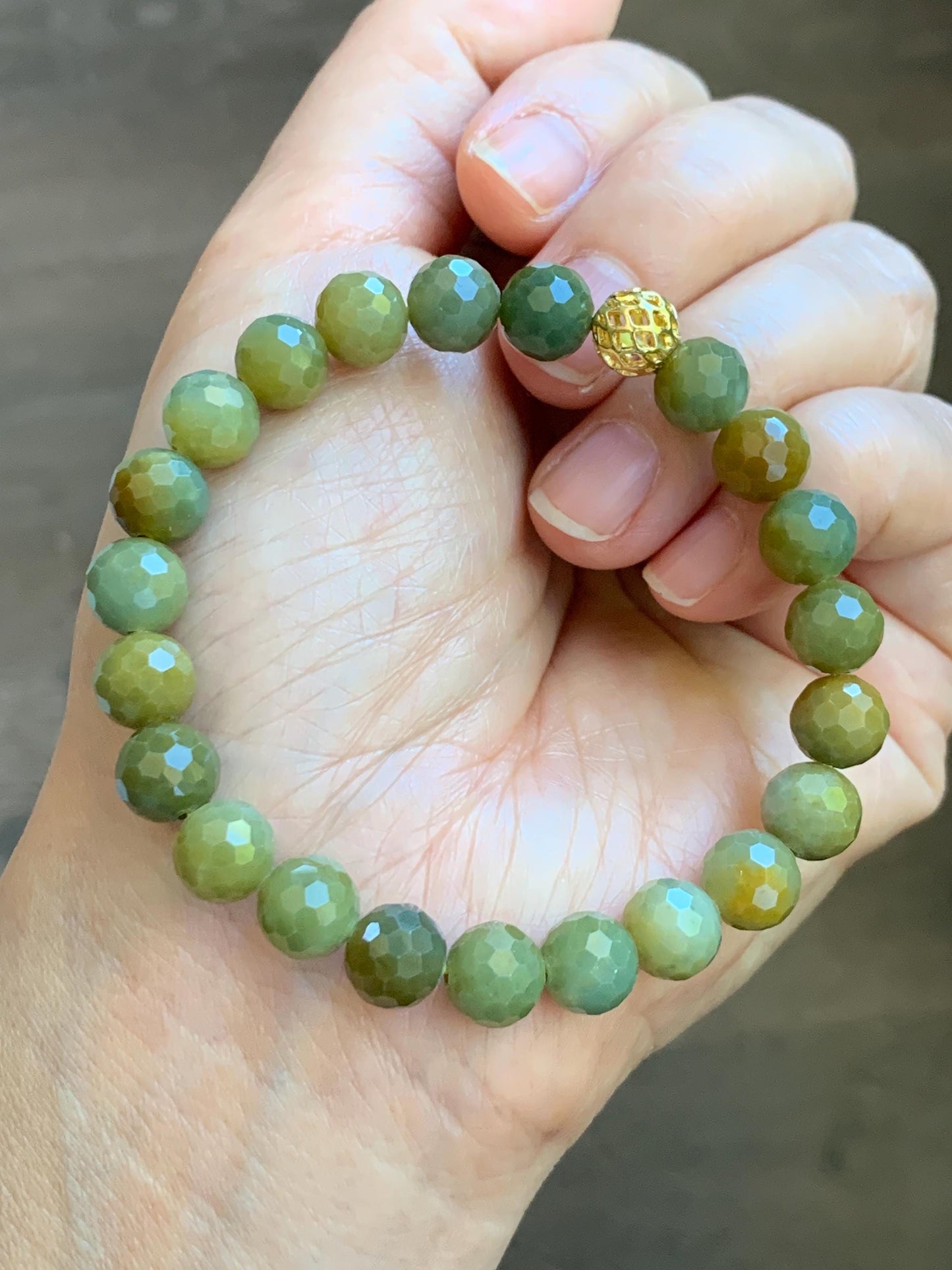 Natural Guatemalan Grade A Icy Translucent Dark Yellow Faceted Jade Jadeite Beaded Bracelet 8.2mm 7" 20g 天然冰危深黄翡翠切割面圆珠手串 WHQ120A
