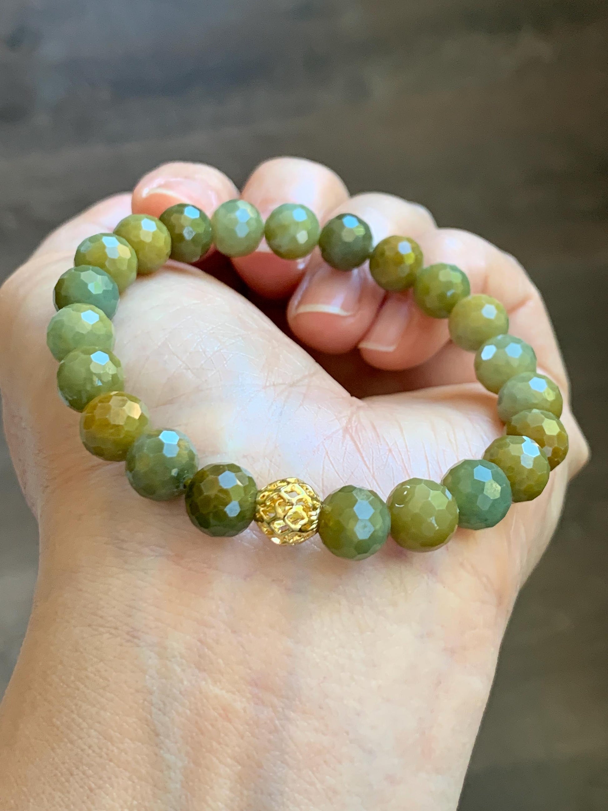 Natural Guatemalan Grade A Icy Translucent Dark Yellow Faceted Jade Jadeite Beaded Bracelet 8.2mm 7" 20g 天然冰危深黄翡翠切割面圆珠手串 WHQ120A