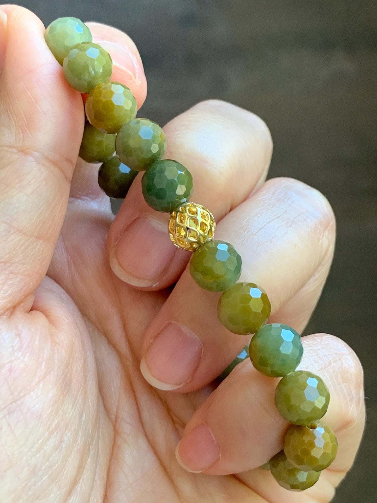 Natural Guatemalan Grade A Icy Translucent Dark Yellow Faceted Jade Jadeite Beaded Bracelet 8.2mm 7" 20g 天然冰危深黄翡翠切割面圆珠手串 WHQ120A