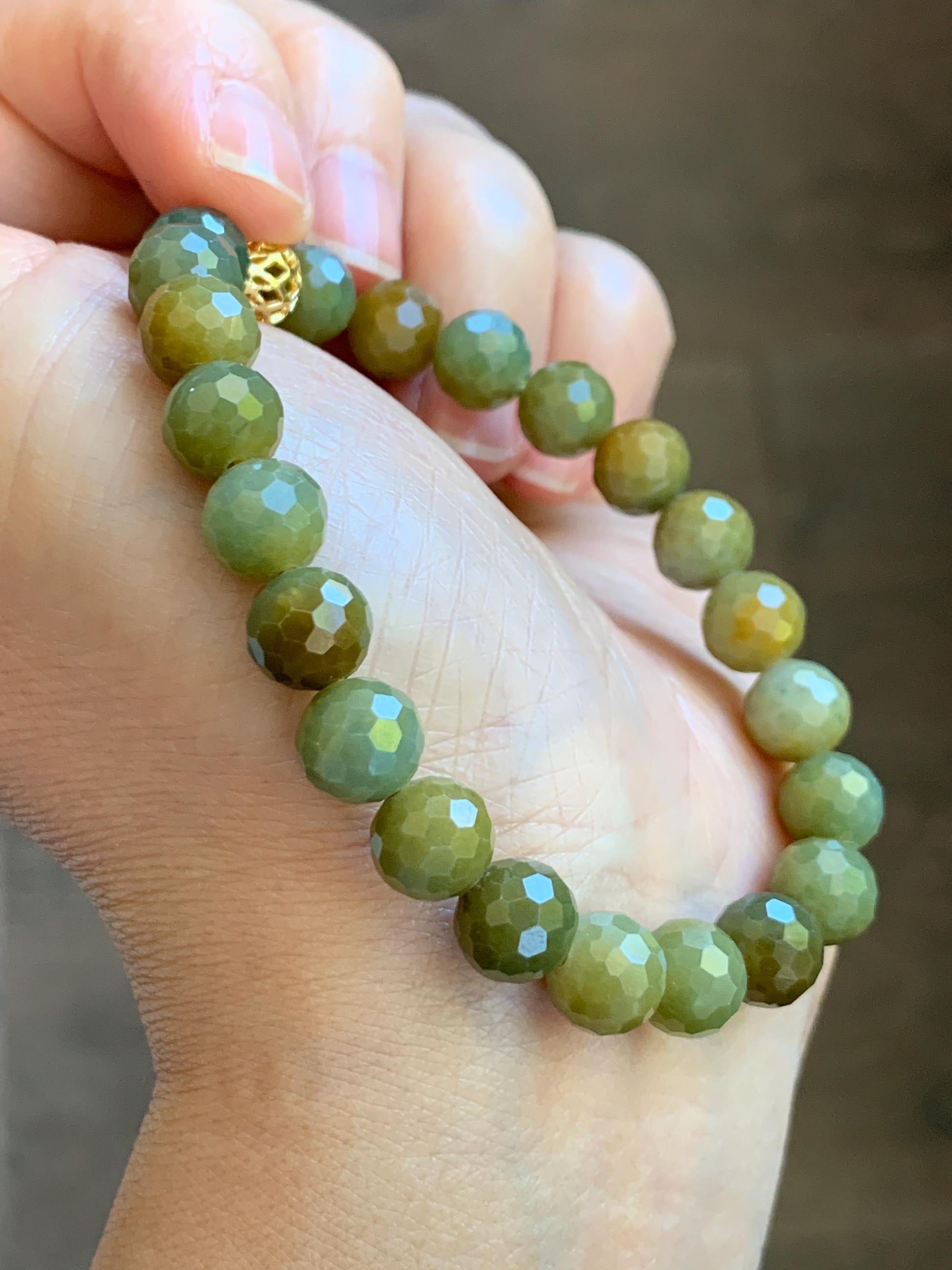Natural Guatemalan Grade A Icy Translucent Dark Yellow Faceted Jade Jadeite Beaded Bracelet 8.2mm 7" 20g 天然冰危深黄翡翠切割面圆珠手串 WHQ120A
