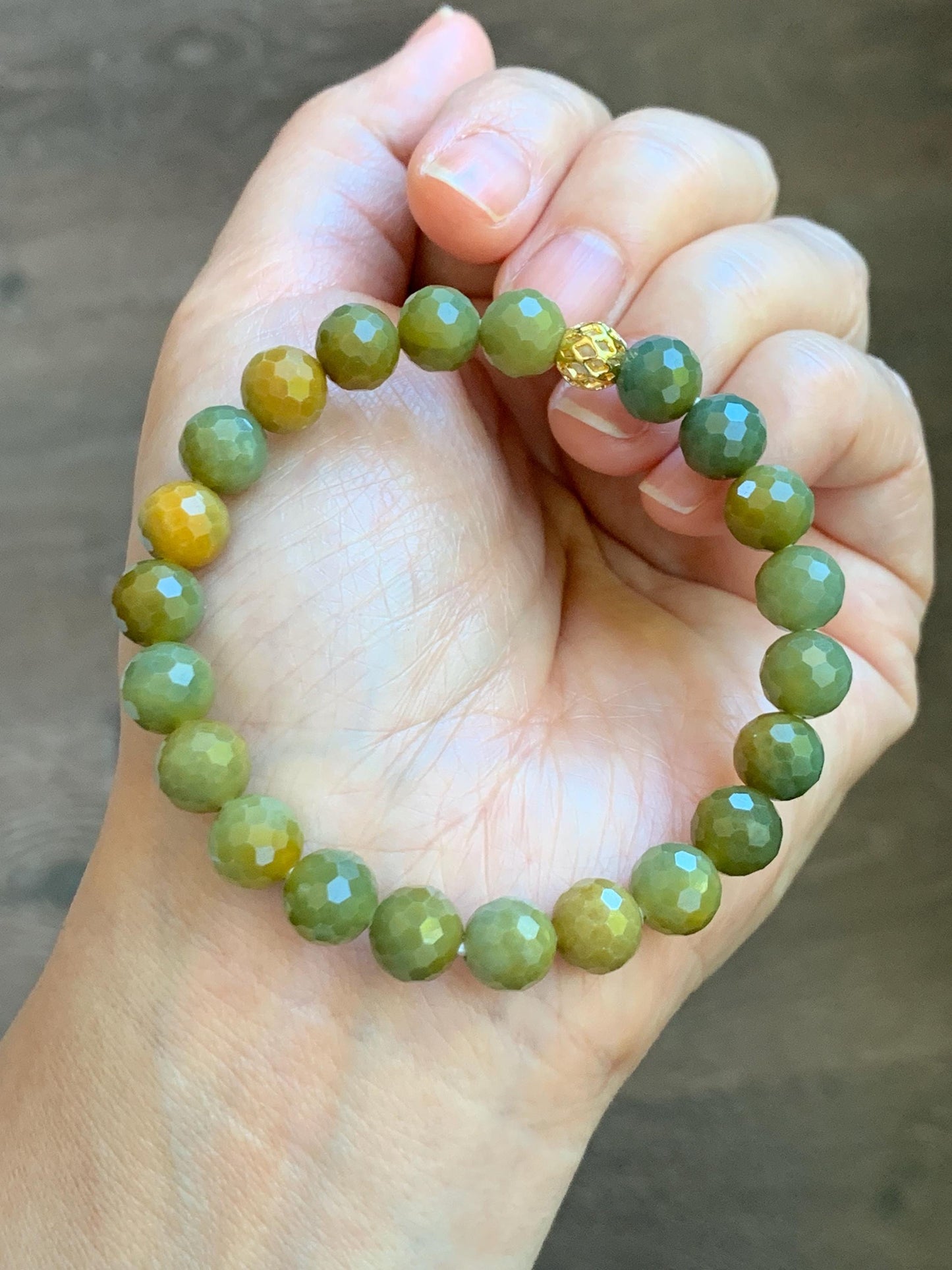 Natural Guatemalan Grade A Icy Translucent Dark Yellow Faceted Jade Jadeite Beaded Bracelet 8.3mm 7" 20g 天然冰危深黄翡翠切割面圆珠手串 WHQ120B