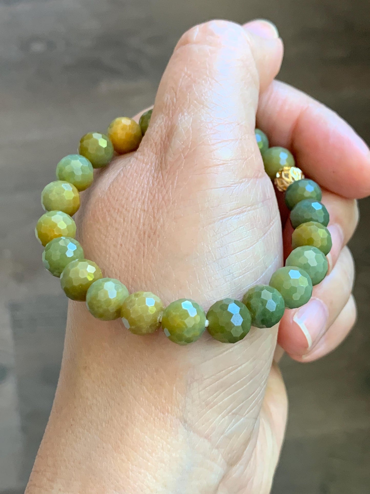 Natural Guatemalan Grade A Icy Translucent Dark Yellow Faceted Jade Jadeite Beaded Bracelet 8.3mm 7" 20g 天然冰危深黄翡翠切割面圆珠手串 WHQ120B